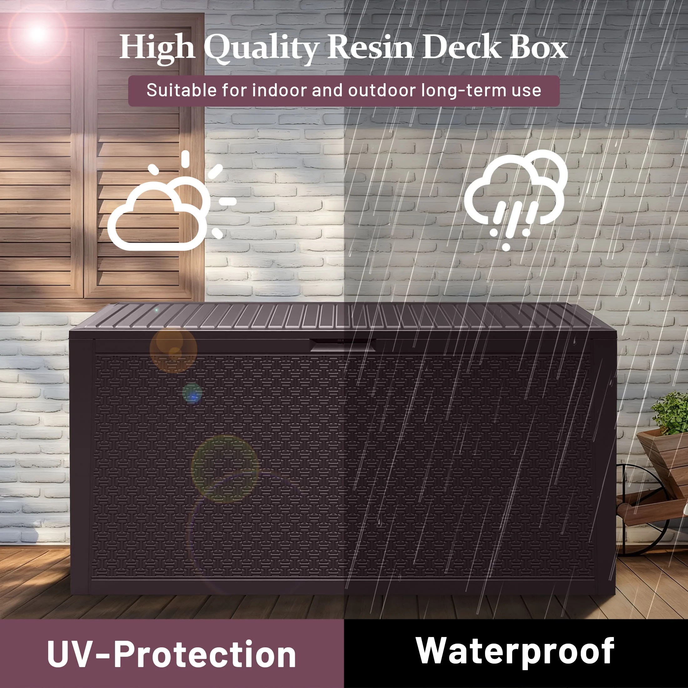 90 Gallon Resin Deck Box, Outdoor Lockable Storage Container for Patio Cushions, Garden Tools, Pool Supplies, Toys, Waterproof and UV Resistant, Brown