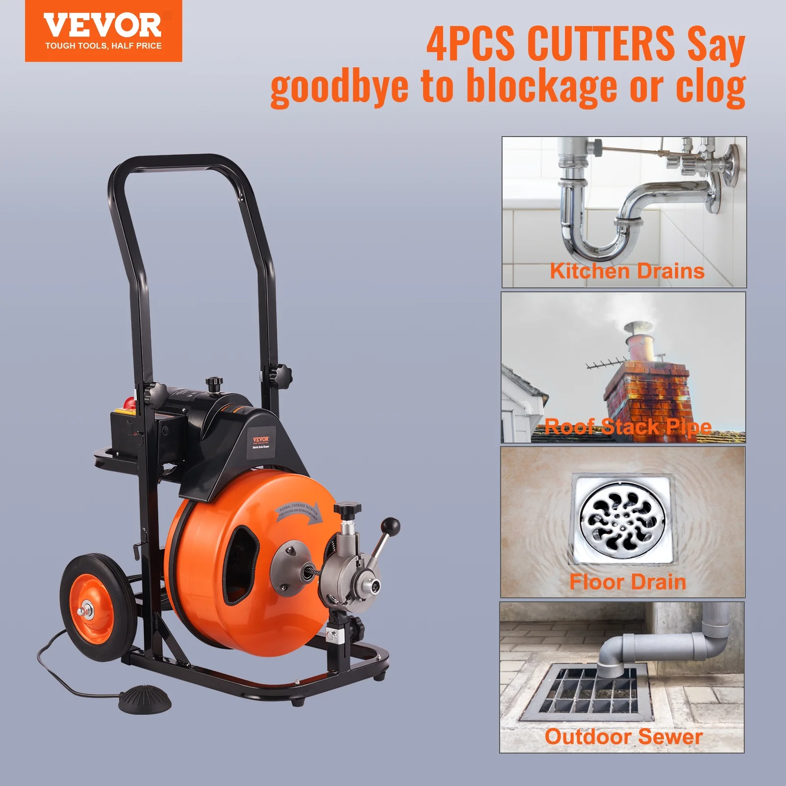 VEVOR Drain Cleaning Machine 50 FT x 1/2 Inch, Sewer Auger Auto Feed with 4 Cutter & Air-activated Foot Switch for 1" to 4" Pipes, Orange, Black