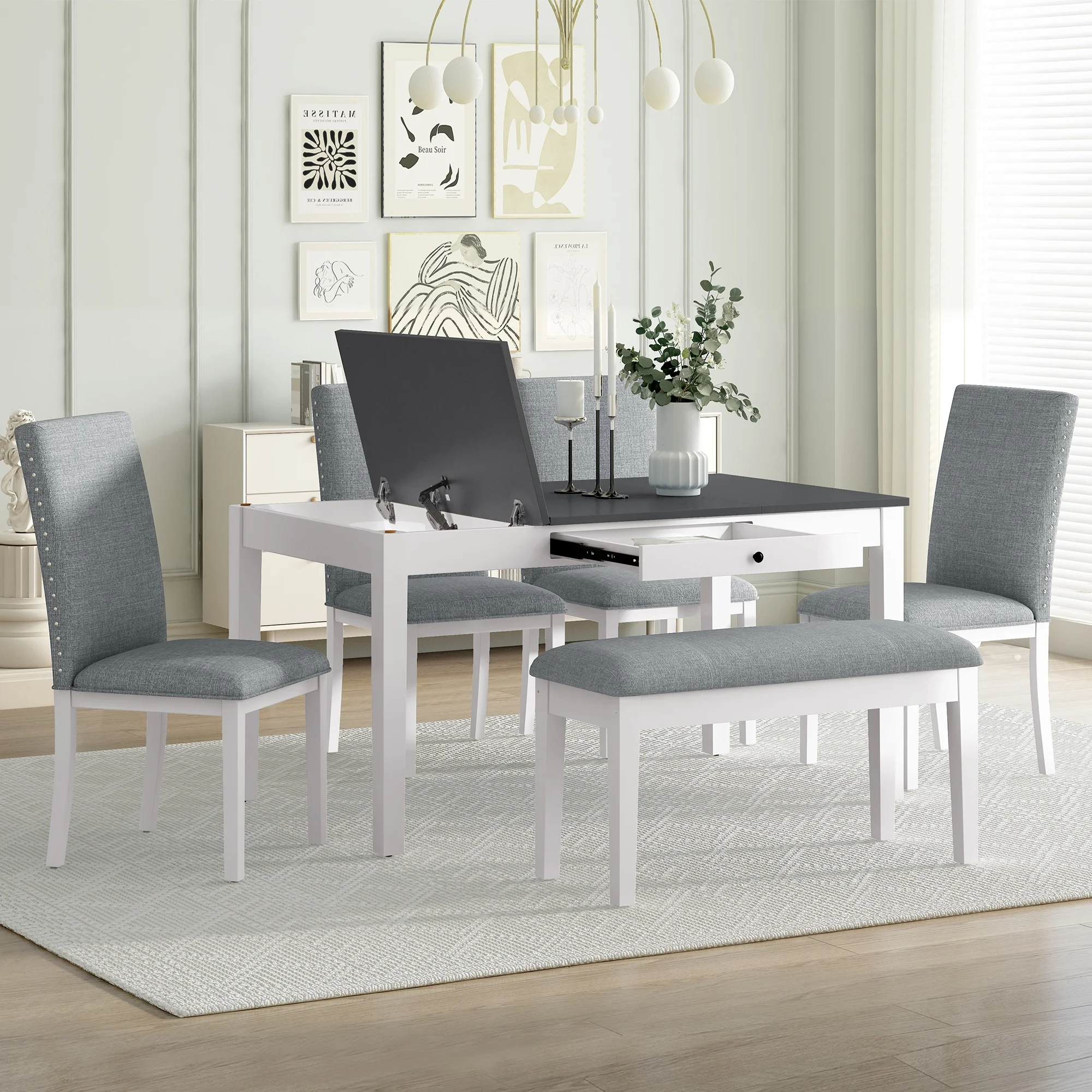 Harper & Bright Designs 6 Pieces Dining Table Set with Bench for 6, Kitchen Table Set with Storage Drawer and 4 Upholstered Dining Chairs, Dark Brown