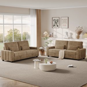 87-Large Loveseat Sofa, 3 Seater Couch with Storage, Velvet Fabric Deep Seat Sofa with Pillow& Cup Holders, Modern Comfy Sofa with USB& Type-C Ports, Home Sofa Couch for Living Room Bedroom