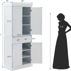 PWFE Kitchen Pantry Storage Cabinet, 72" Traditional Kitchen Pantry Cabinet, 6-Tier Freestanding Buffet Cupboards for Kitchen Storage(White)