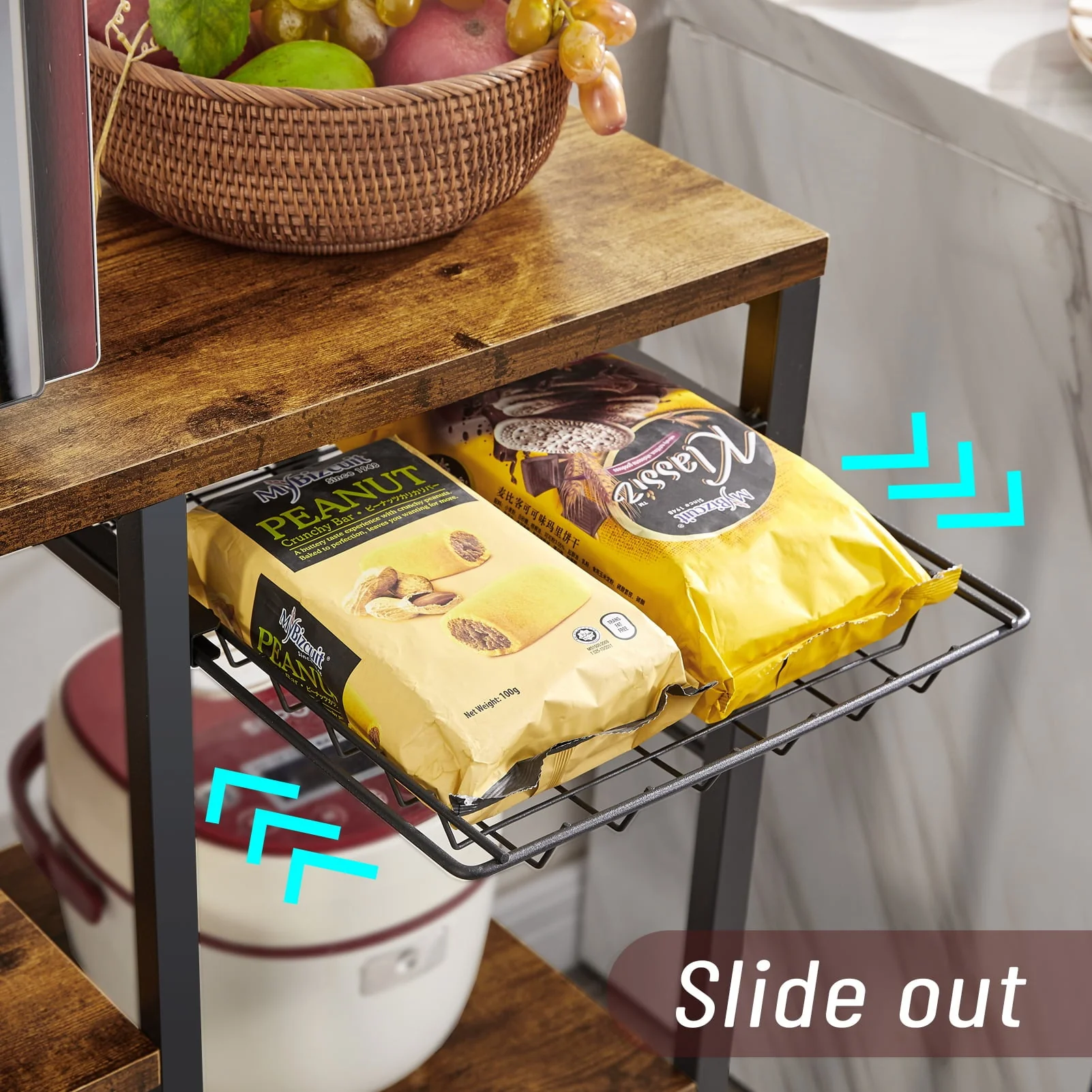 SUPERJARE Kitchen Bakers Rack with Power Outlet, Coffee Bar Table Station, Microwave Stand with 6 S-Shaped Hooks, Wire Basket, Kitchen Storage Shelf Rack, Rustic Brown