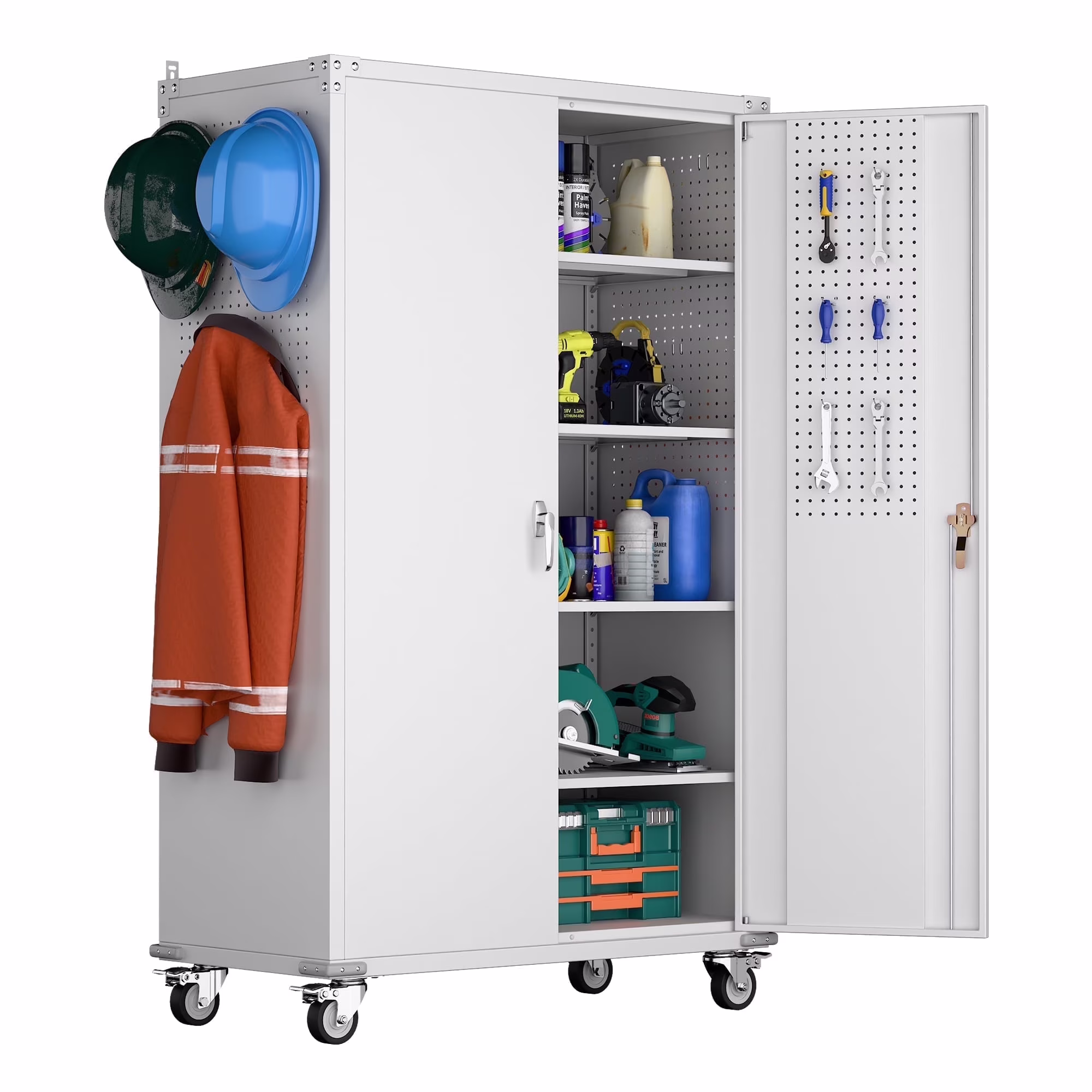GangMei 71-Inch Metal Lockable Storage Cabinet with Pegboards and 5 adjustable shelves, White, Assembly Required