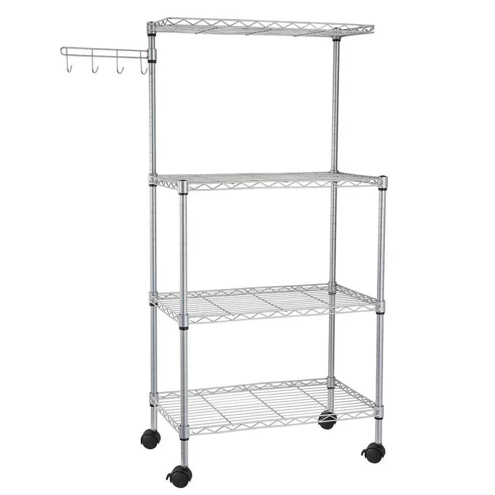 Ktaxon 4 Tier Baker's Rack, Microwave Oven Stand, Kitchen Storage Rack, Kitchen Utility Cart Storage Shelf Organizer Workstation with Spice Rack, Hanging Hooks, Chrome, Silver