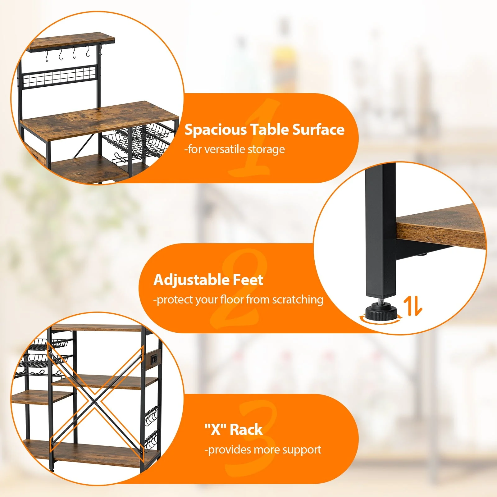 Dinaza Bakers Rack with Power Outlet 4/5 Tier Microwave Stand with Kitchen Storage Shelf Rack Mug Holder 10 S-Shaped Hooks for Kitchen Living Room Coffee Bar Station