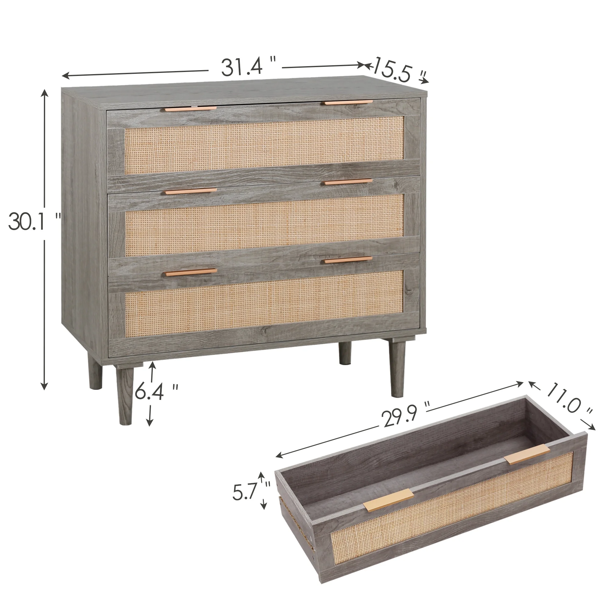 LAZZO 3 Modern Drawer Dresser Rattan, Wooden Dresser Chest of Large Storage Cabinet