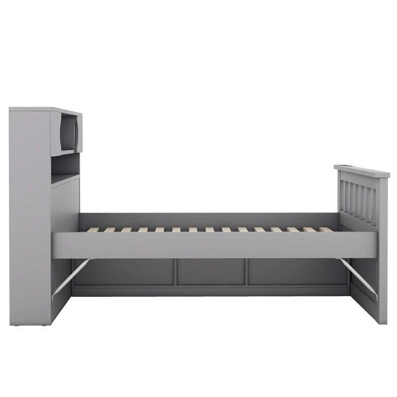 Twin/Full Size Captain Platform Bed with 4 Drawers and Storage Shelves, Solid Wood Bed Frame with Storage Bookcase Headboard