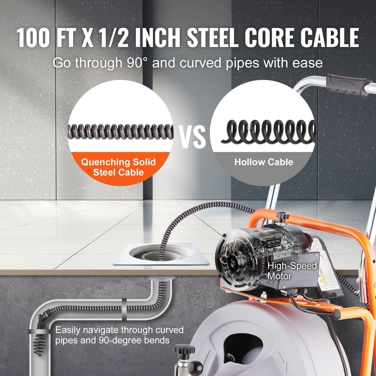 VEVOR Drain Cleaner Machine 100FT x 1/2 Inch, Auto Feed Sewer Snake Drain Auger on Wheels, Portable Drain Cleaning Machine with 8 Cutters & Air-activated Foot Switch for 2" to 4" Pipes