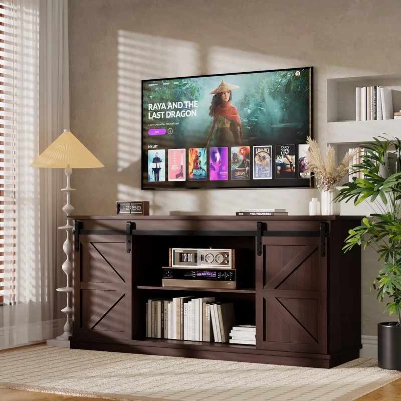 Furmax 65 inch TV Stand Entertainment Center with Sliding Barn Doors and Storage,White