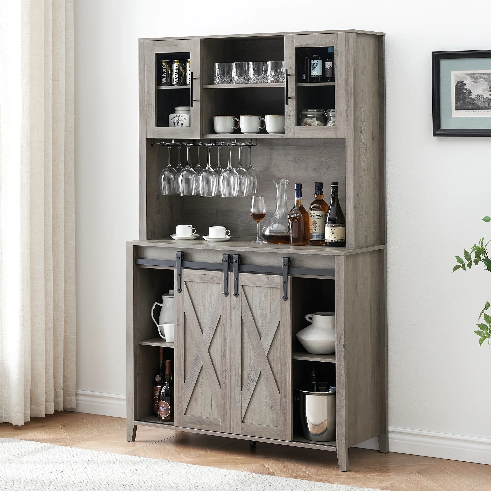 Farmhouse Bar Cabinet with Storage, Kitchen Buffet Cabinet with Sliding Barn Door and 3 Drawers, Coffee Bar with Wine and Glass Rack for Kitchen, Dining Room, White