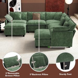 Ihanherry 146" U-Shaped Modern Sofa Modular Sectional Cloud Couch with 2 Ottoman, 6-Seat Chenille Deep Seat Sofa with 6 Pillows for Living Room, Bedroom and Apartment, Grey