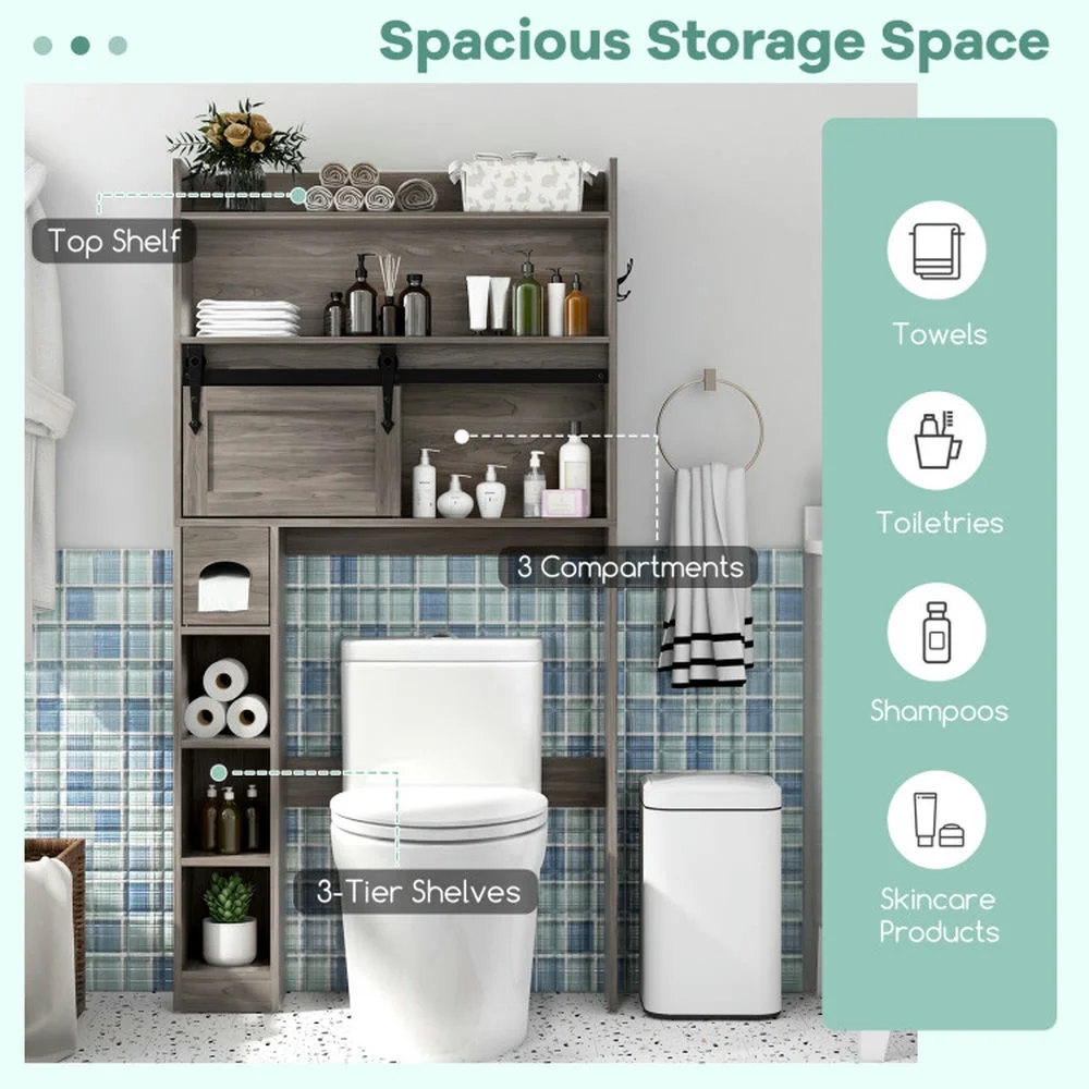 Topcobe Over The Toilet Storage Cabinet with Sliding Barn Door and Adjustable Shelves, Bathroom Furniture, Bathroom Shelves, White
