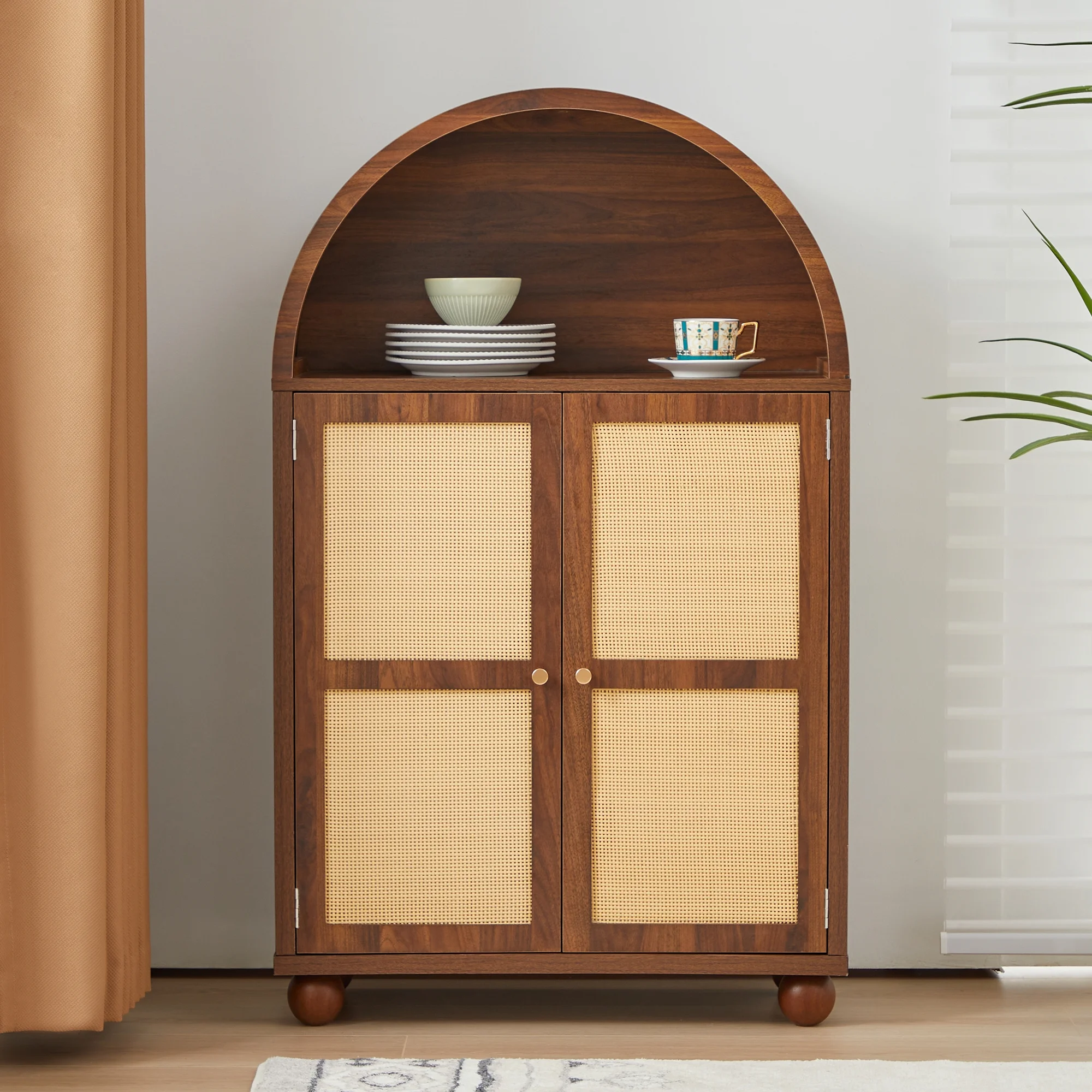 Wirrytor Arched Kitchen Storage Cabinet, Sideboard Buffet Cabinet with 2-Tier and 2 Doors, Black Sideboard, Kitchen Pantry Cabinet, Wooden Storage Cabinet for Living Room