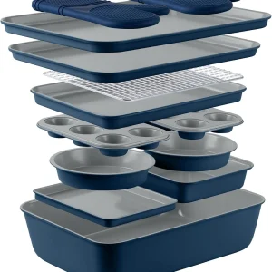 Nonstick Stackable Bakeware Set - Durable, Easy Release Baking Set, Denim, 13 Pcs
