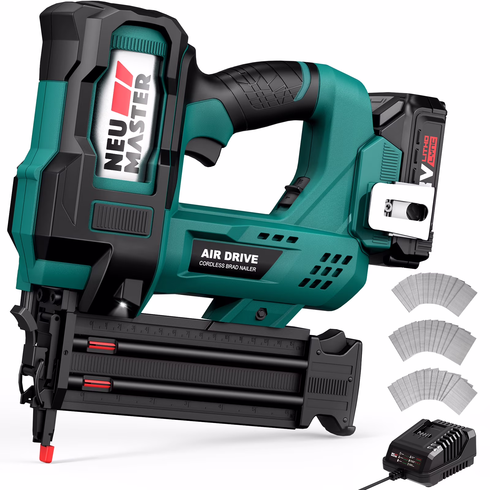 NEU MASTER Cordless Brad Nailer , 18GA 2-Inch Battery-Powered Nail Gun with Depth Adjustment | Includes 20V Battery, Charger, 1800pcs Nails & Storage Case , Ideal for Trim, Molding, Woodwork & DIY Up