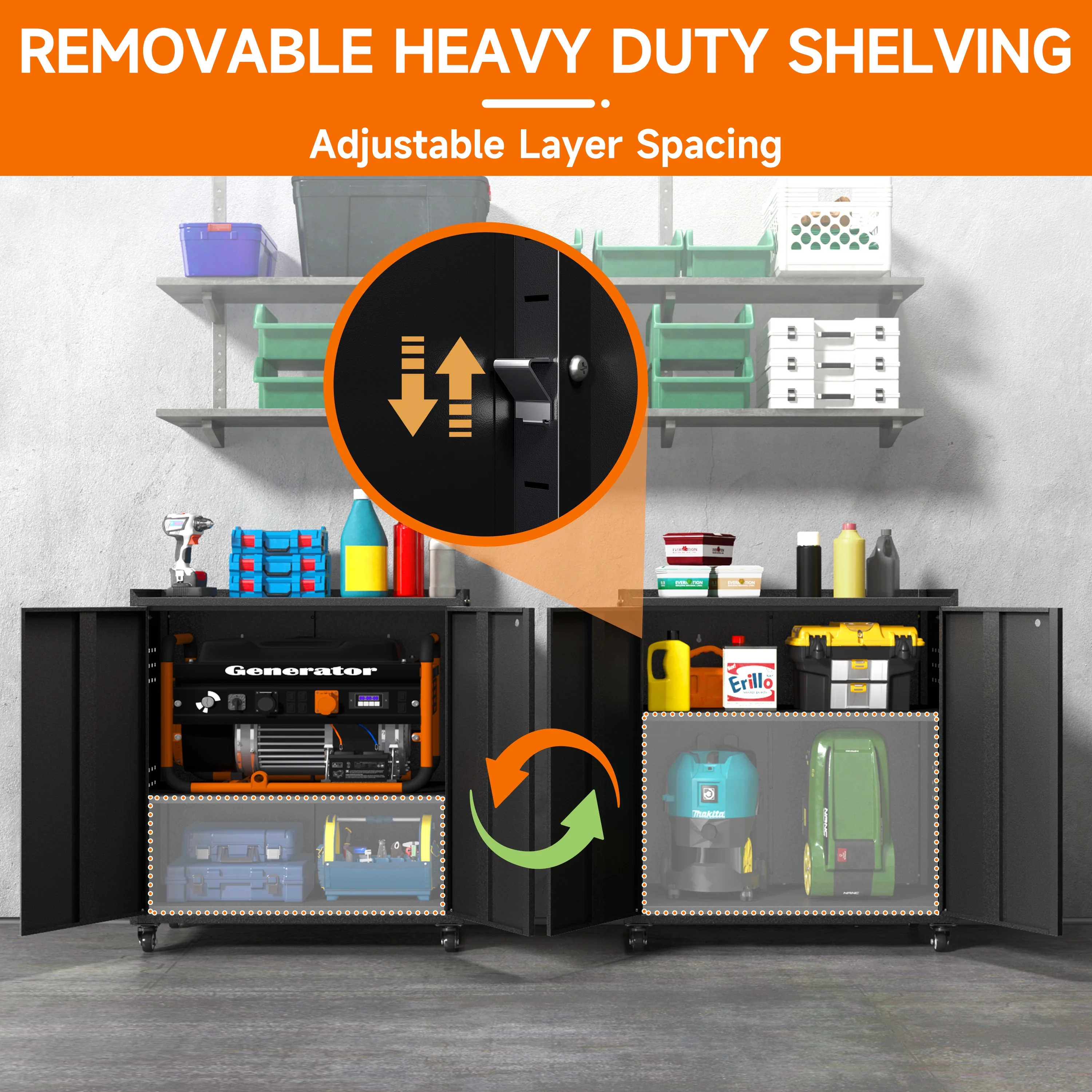 Metal Storage Cabinet with Wheels,Rolling Tool Cabinet with Doors and Adjustable Shelves,Heavy Duty Garage Storage Cabinet,Steel Locking Storage Cabinet for Garage/Warehouse/Office/School/Home-Black