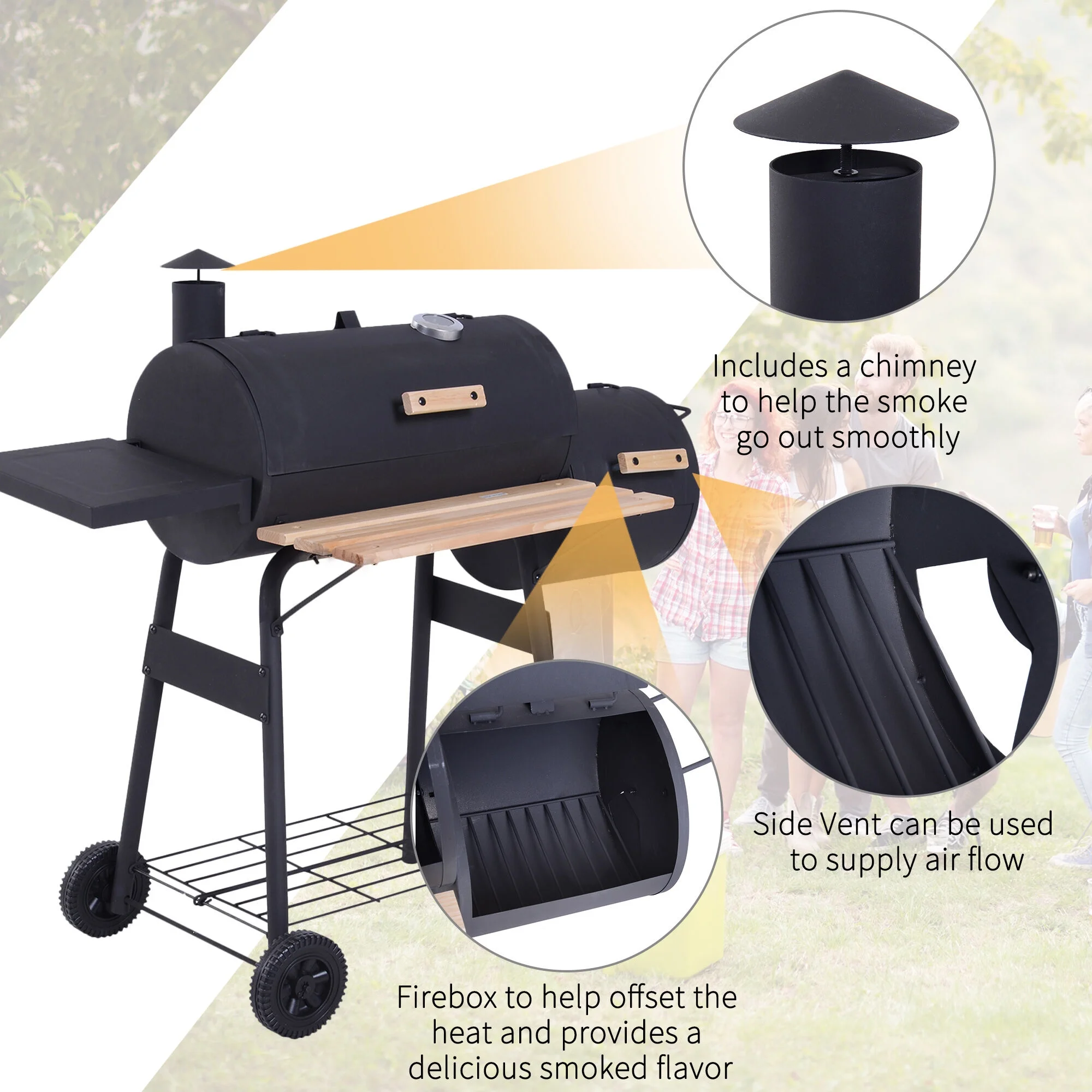 DUOSONG Outsunny 48" Steel Portable Backyard Charcoal Bbq Grill And Offset Smoker Combo With Wheels Black Steel Garden & Outdoor BBQ Grills & Utensils