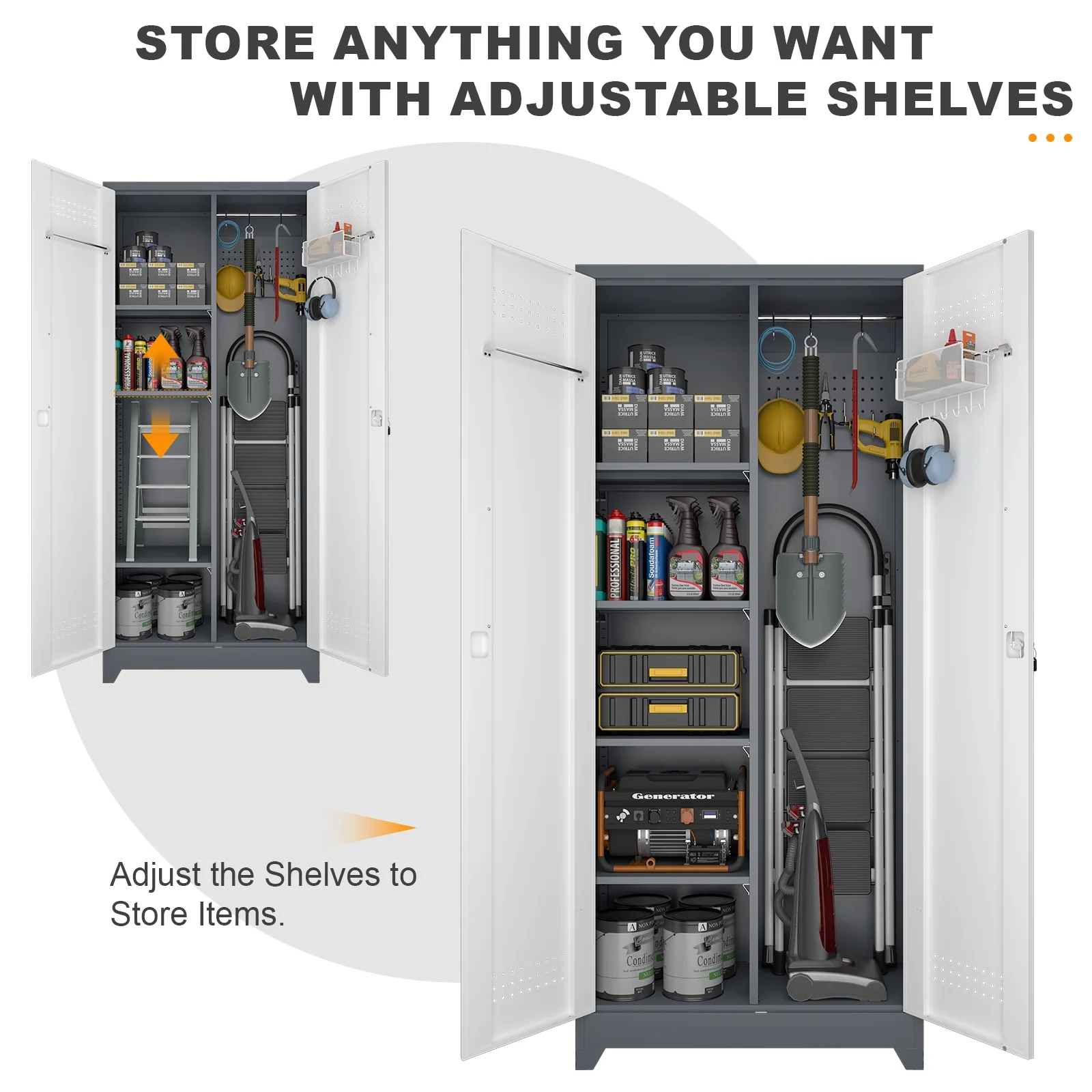 Marcree Broom Closet with Locking Doors,72.8-H Cleaning Tool Storage Cabinet with Hanging Rod & Hooks,Heavy-Duty Tool Garage Storage Cabinet for Utility Room,Grey