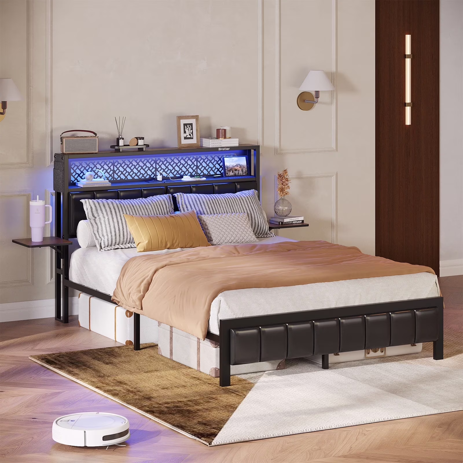 Bestier Queen Size Platform Bed Frame with Wood Foldable Bedside Shelves and LED Storage Headboard Charge Station, Gray