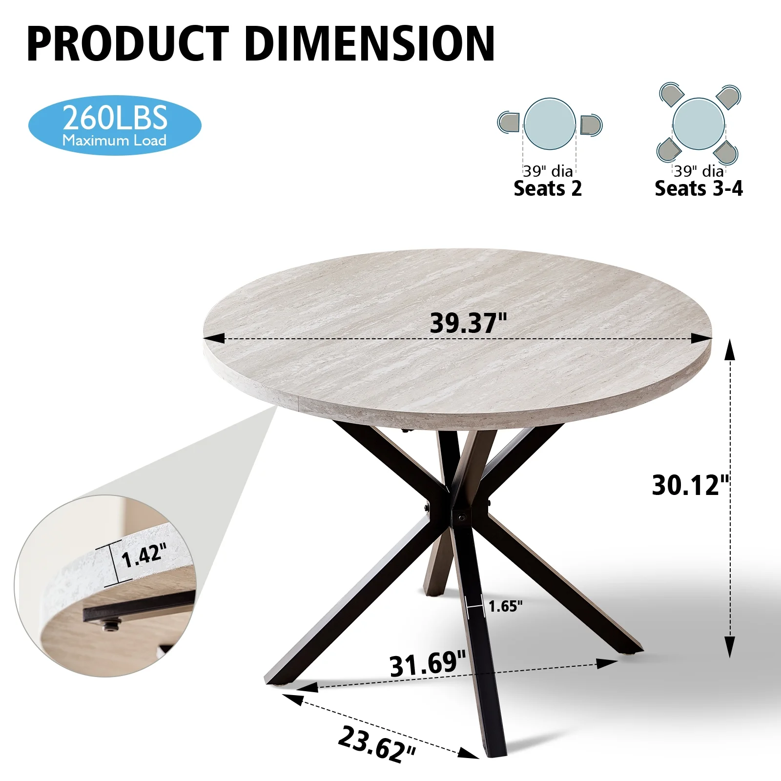 39- Round Dining Table, Modern Small Kitchen Table for 4 with X-Shaped Metal Legs and 1.2" Thickness Tabletop for Kitchen Dining Room, Coffee Table, Oak