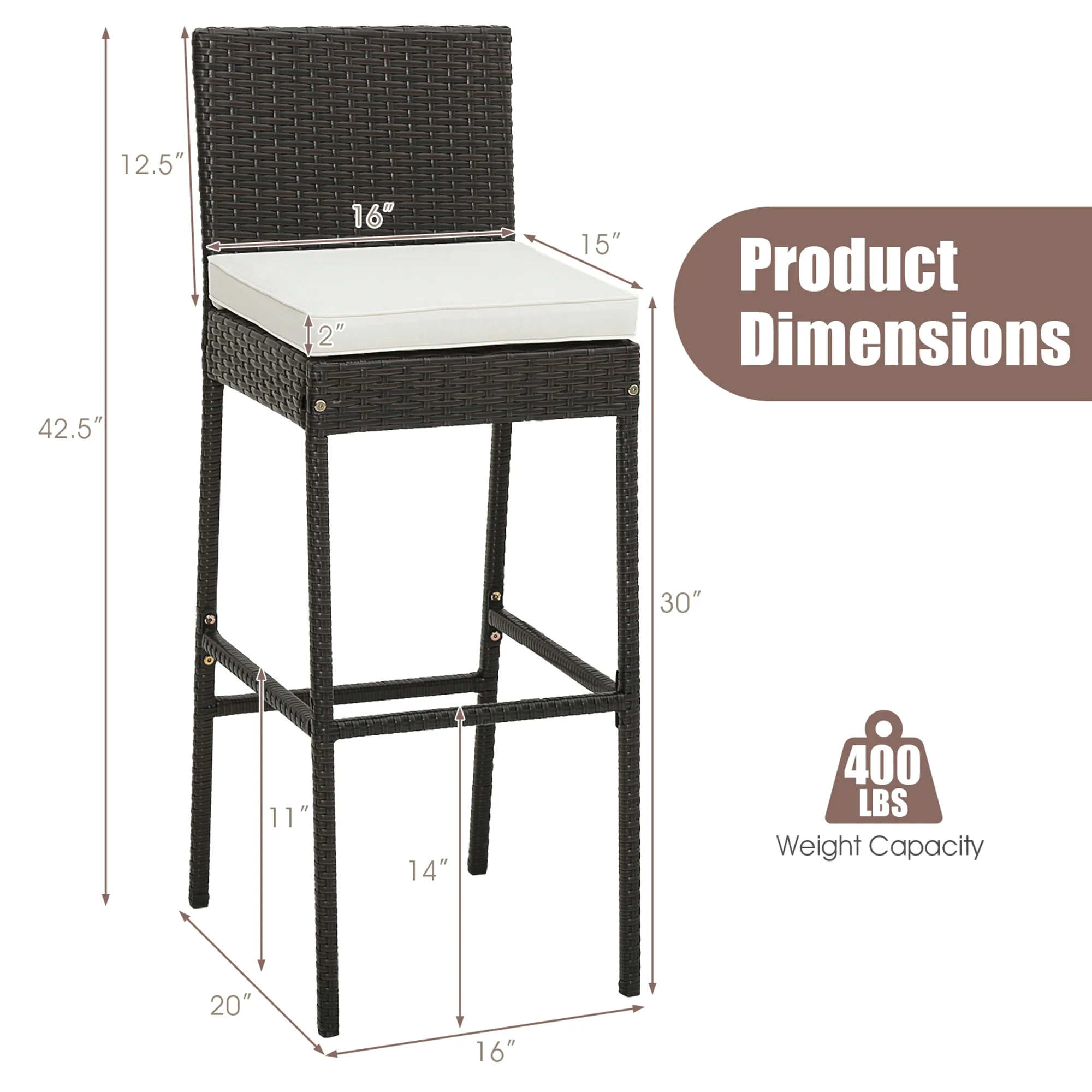 Costway 4 PCS Patio Wicker Barstools Bar Height Chairs with Cushions Backyard Off White