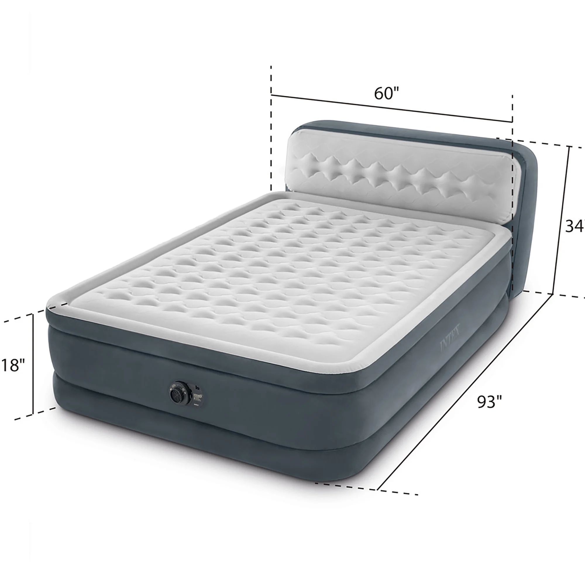 Intex: Dura-Beam Deluxe: Ultra Plush Headboard Airbed - Queen - Gray, 18" Inflatable Mattress, Built-In Pump, Fiber-Tech, Carry Bag, 600lb Cap 64447ED