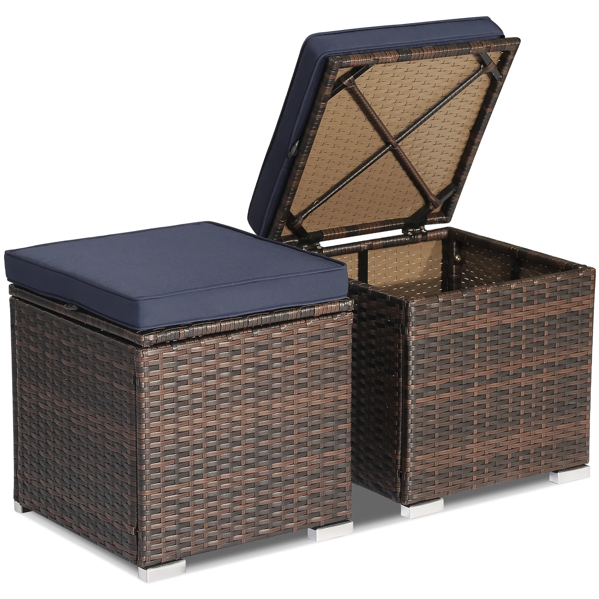 Costway 2PC Patio Rattan Ottoman Seat Side Table Storage Box Footrest Off White