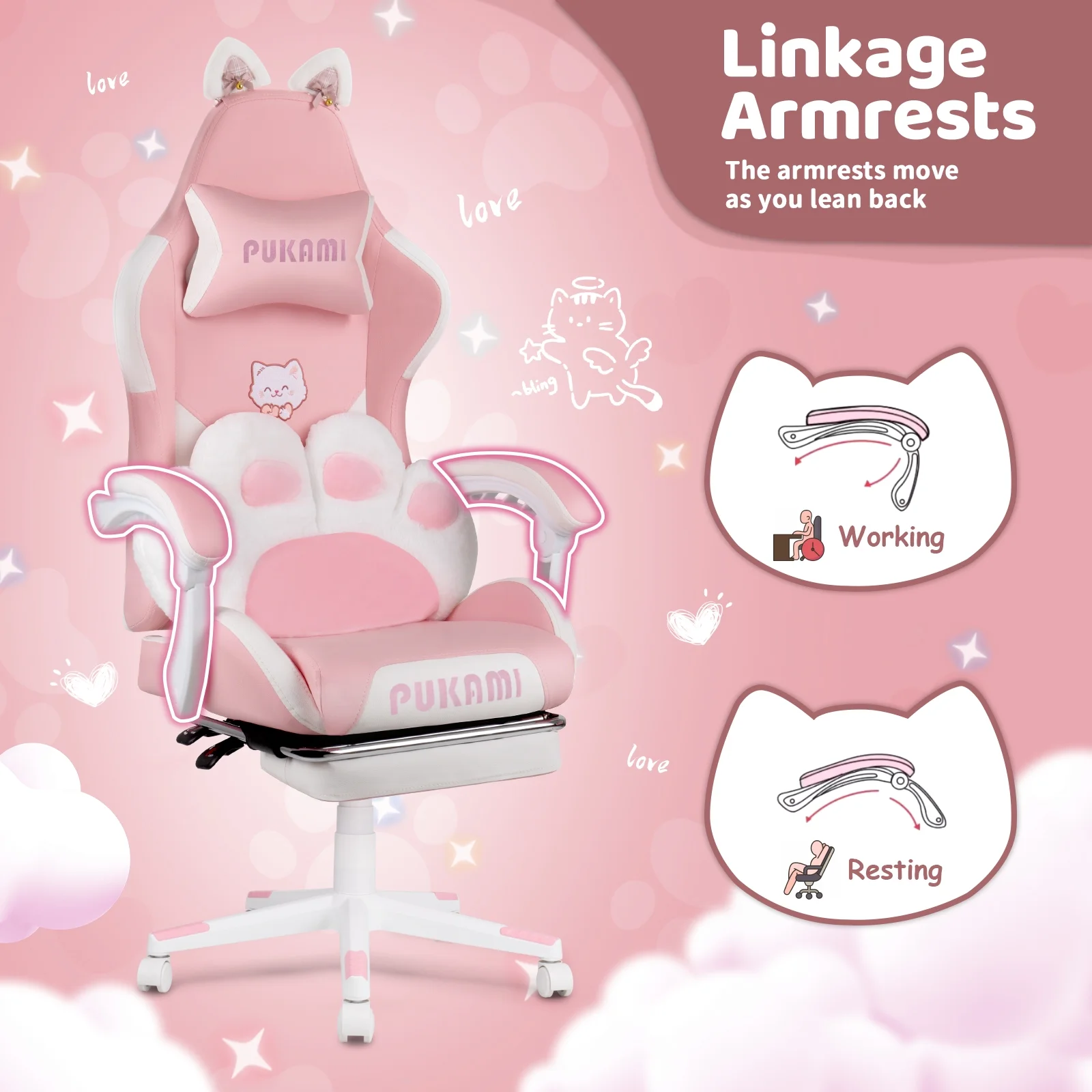 Waleaf Pink Gaming Chair with Cat Paw Lumbar Cushion and Cat Ears for Girls, Reclining Office Computer Chair with Footrest for Adults, Teens