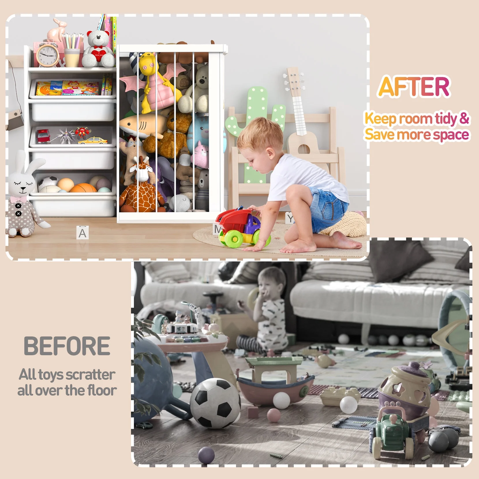 3-in-1 Kids Bookshelf and Stuffed Animal Storage with Corner Protectors , Can Fix it to The Wall, Durable Wood & Metal Storage for Bedroom & Playroom