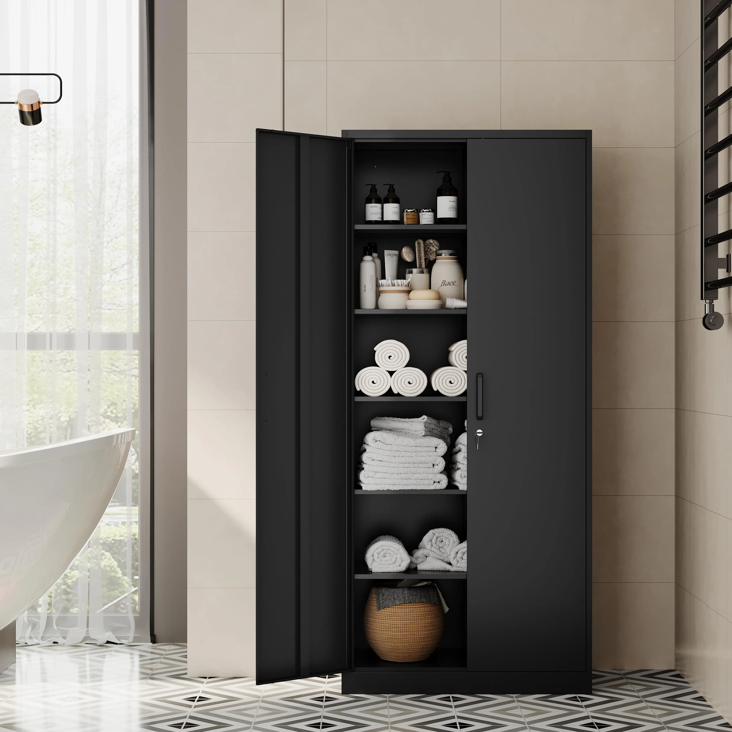 STANI Metal Storage Cabinet, 71- Tall Steel Cabinets with Locking Door and 5 Adjustable Shelves, Steel Classic Storage Cabinet for Home, School, Office, Garage