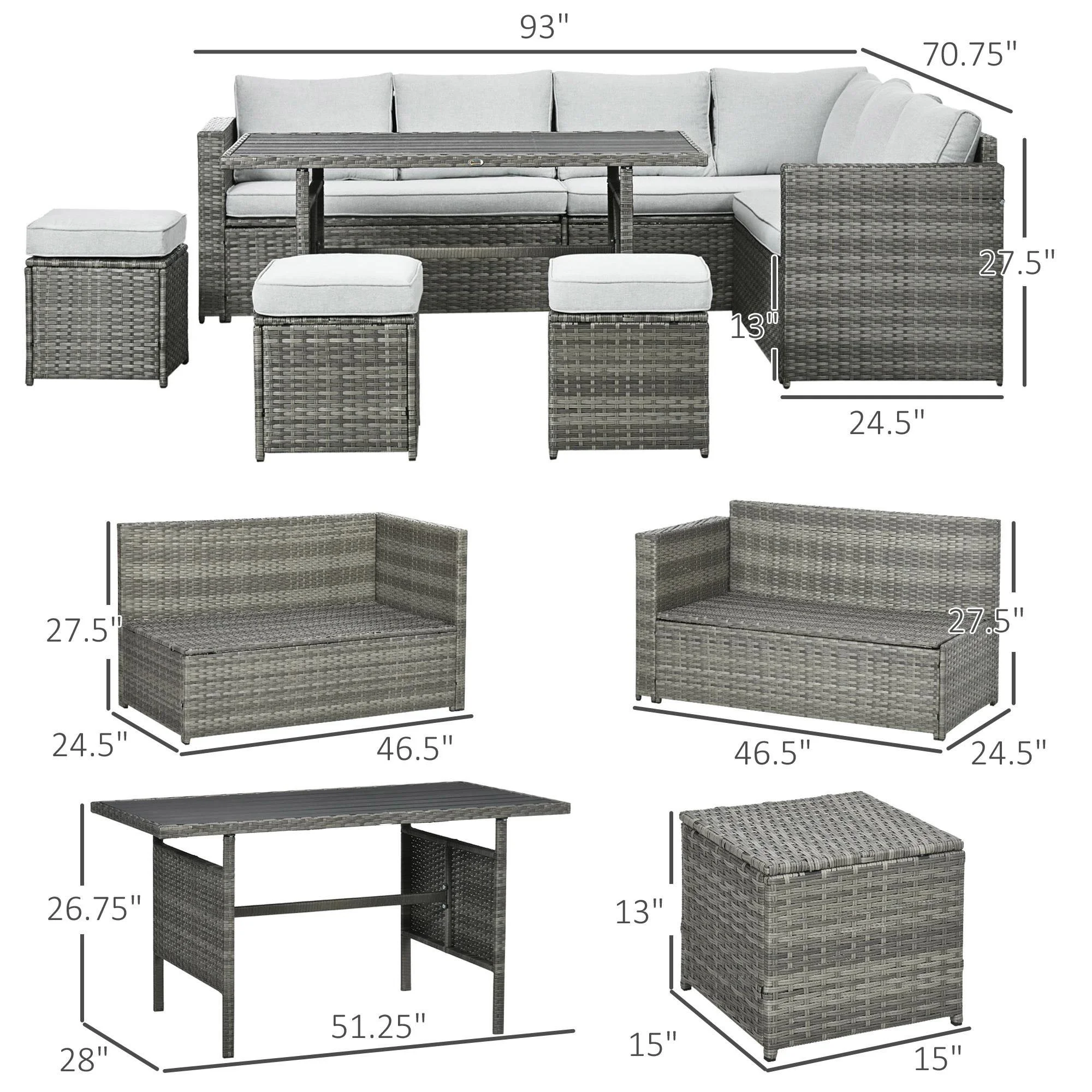 Resenkos Wicker Outdoor Patio Furniture Set, L-Shaped 7 Pieces Outdoor Dining Sectional Sofa, Gray