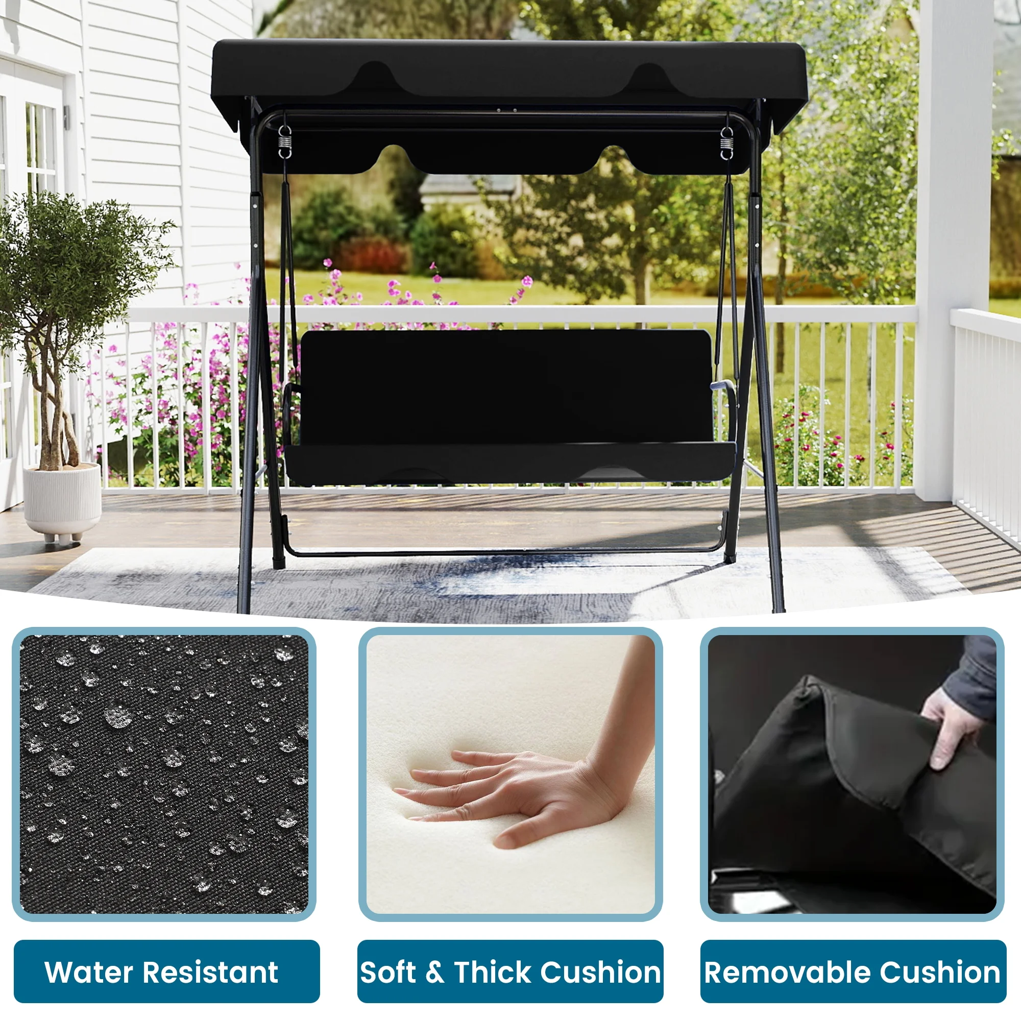Melocadol 3 Seats Outdoor Porch Swing Glider, Patio Swing Chair with All Weather Covered Canopy and Rust Proof Heavy Duty Stand, for Garden, Lawn, or Backyard, Black
