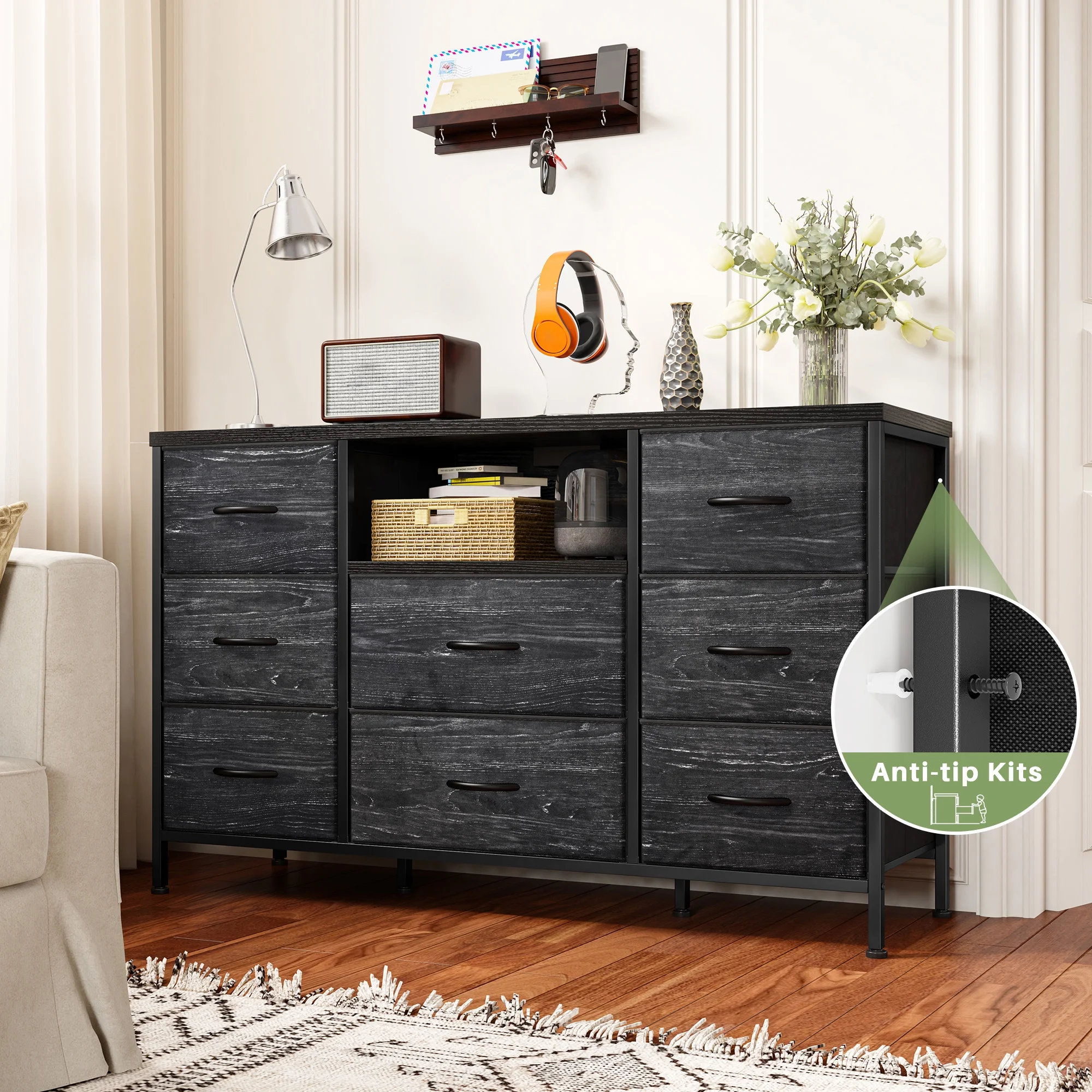 EnHomee Wide Dresser TV Stand with 8 Drawer & Outlet,Dresser for Bedroom Wide Black Dresser & Chests of Drawers Fabric Dressers TV Console Storage Unit for Living Room/Bedroom Furniture, Black