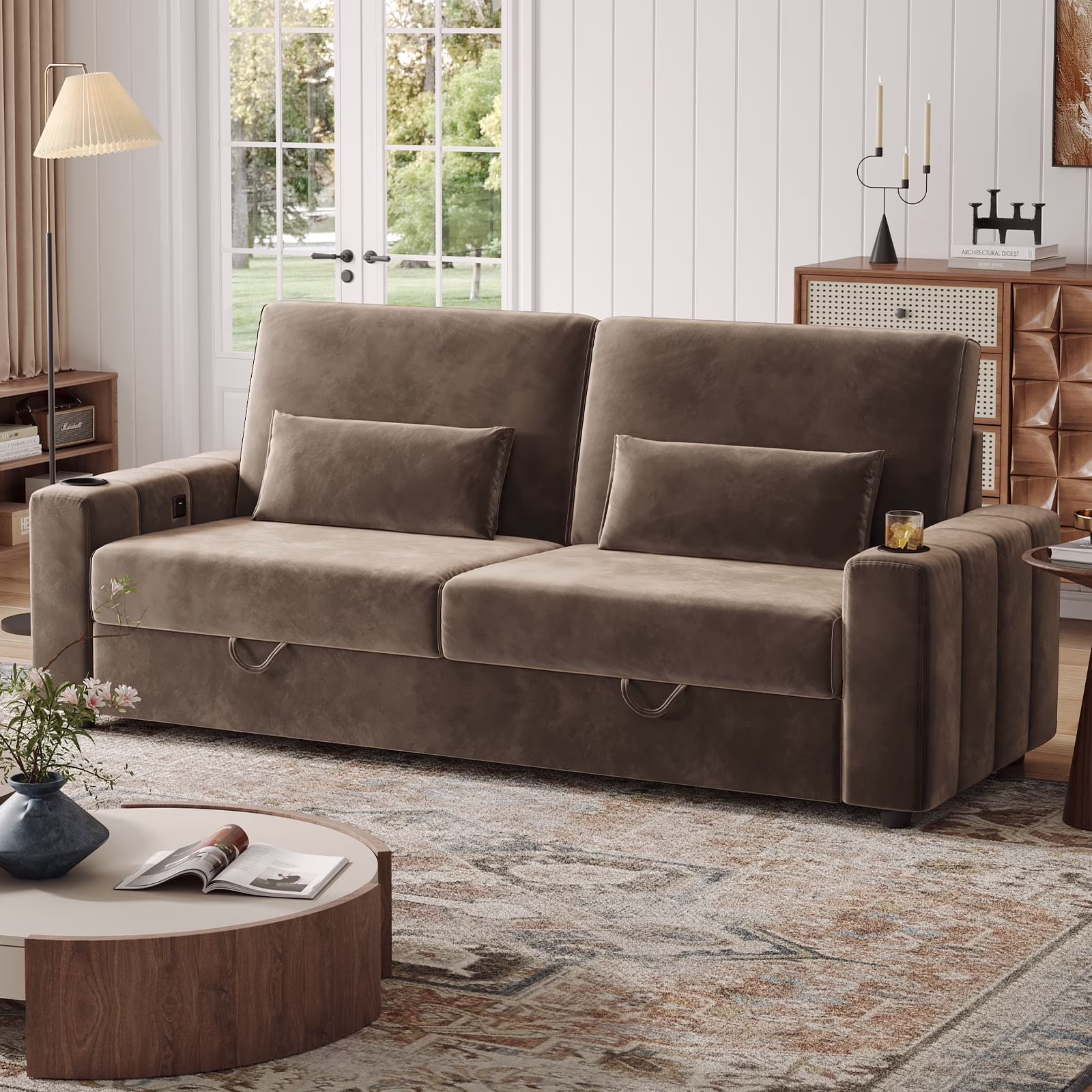 87-Large Loveseat Sofa, 3 Seater Couch with Storage, Velvet Fabric Deep Seat Sofa with Pillow& Cup Holders, Modern Comfy Sofa with USB& Type-C Ports, Home Sofa Couch for Living Room Bedroom
