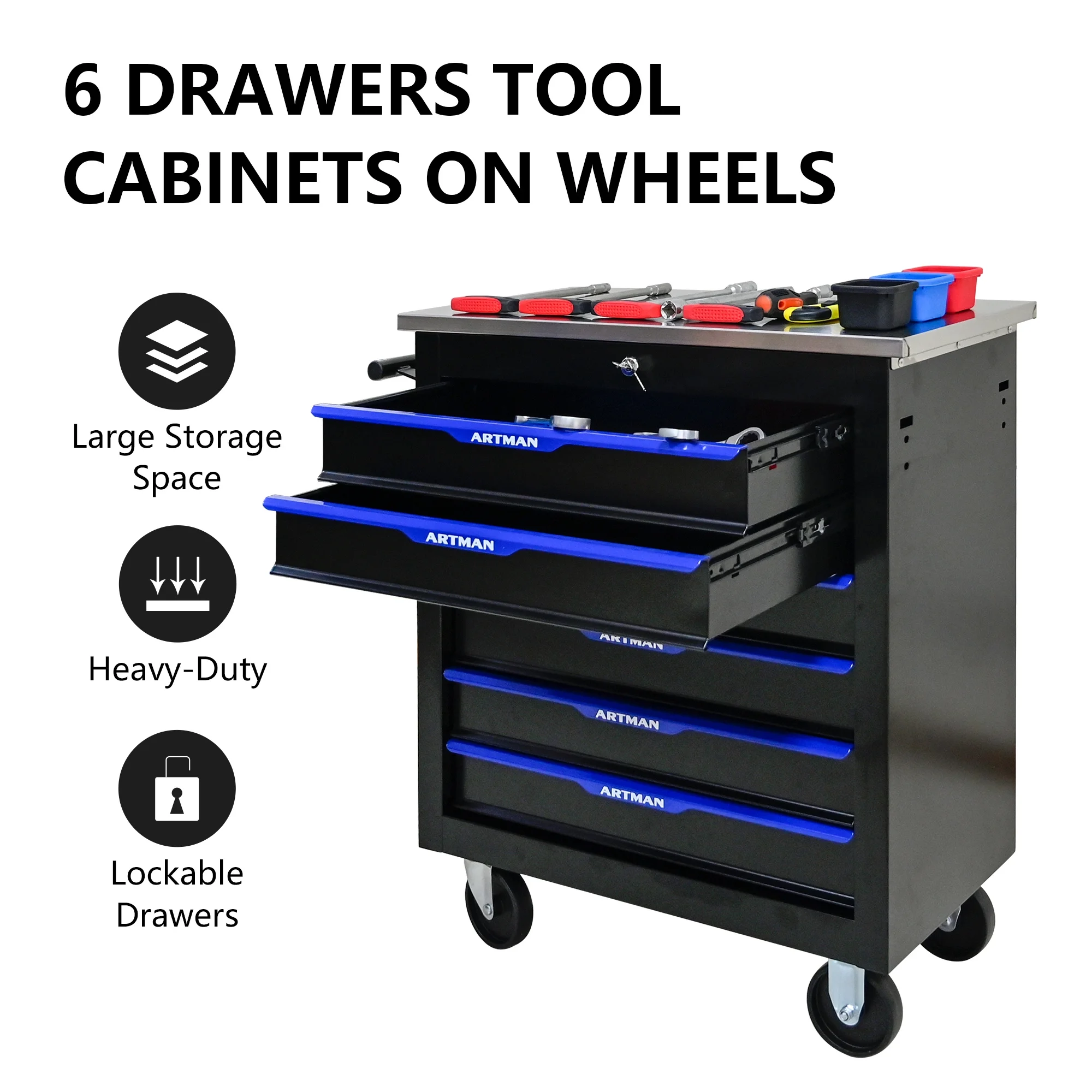 Aukfa Composable 25.9 in Tool Chest with 7 Drawers&7 Plastic Storage Box for Workshop Garage, Black