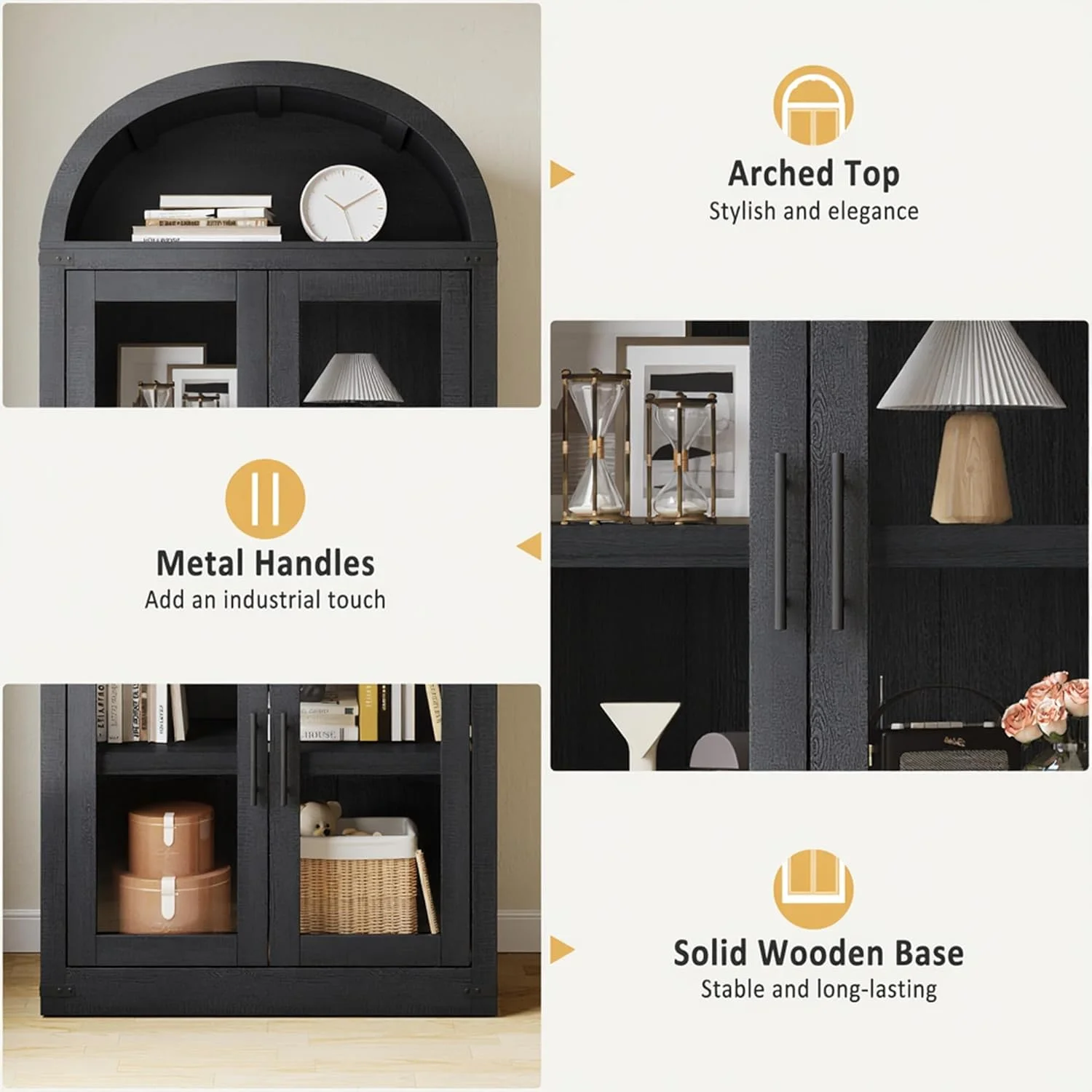 AOILE 72" Tall Arched Farmhouse Bookcase with Doors, Wooden Display Cabinet with Storage Shelves