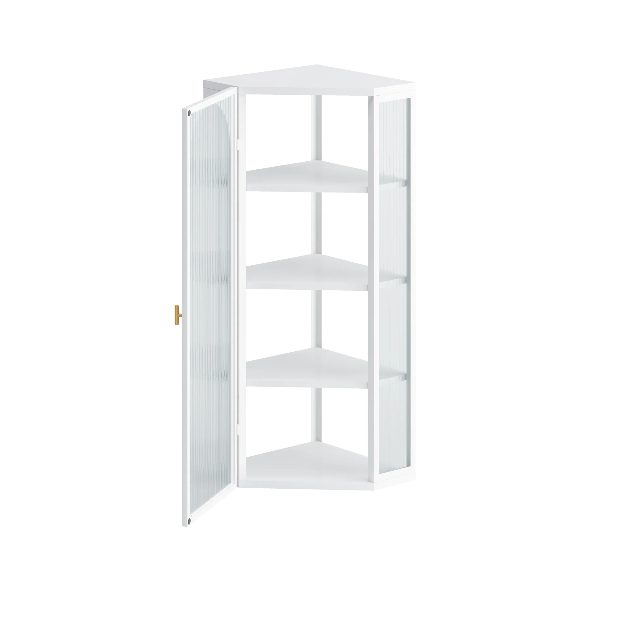 Glass Door Wall Mounted Corner Cabinet with Featuring Four-tier Storage for Bedroom, Living Room, Bathroom, Kitchen, White