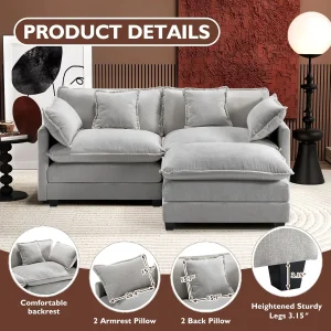 Ihanherry 146" U-Shaped Modern Sofa Modular Sectional Cloud Couch with 2 Ottoman, 6-Seat Chenille Deep Seat Sofa with 6 Pillows for Living Room, Bedroom and Apartment, Grey