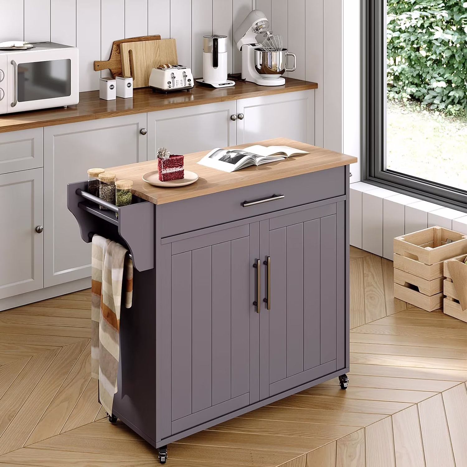 Soscana Kitchen Island Storage,Rolling Kitchen Island with Wheels,Kitchen Cart with Storage Rack & Drawer,Solid Wood Countertop,Kitchen Kitchenware Storage Rack Operation Console,White