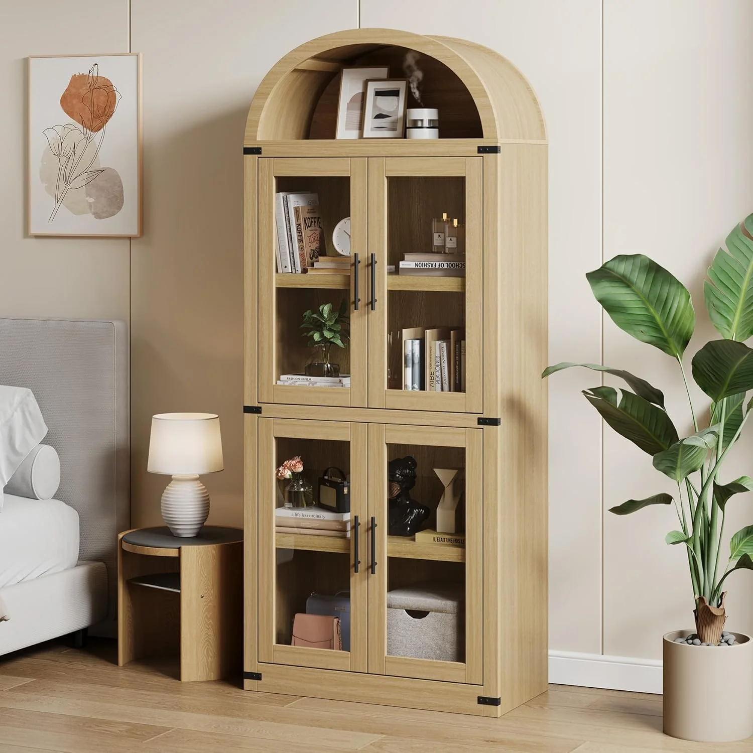 AOILE 72" Tall Arched Farmhouse Bookcase with Doors, Wooden Display Cabinet with Storage Shelves