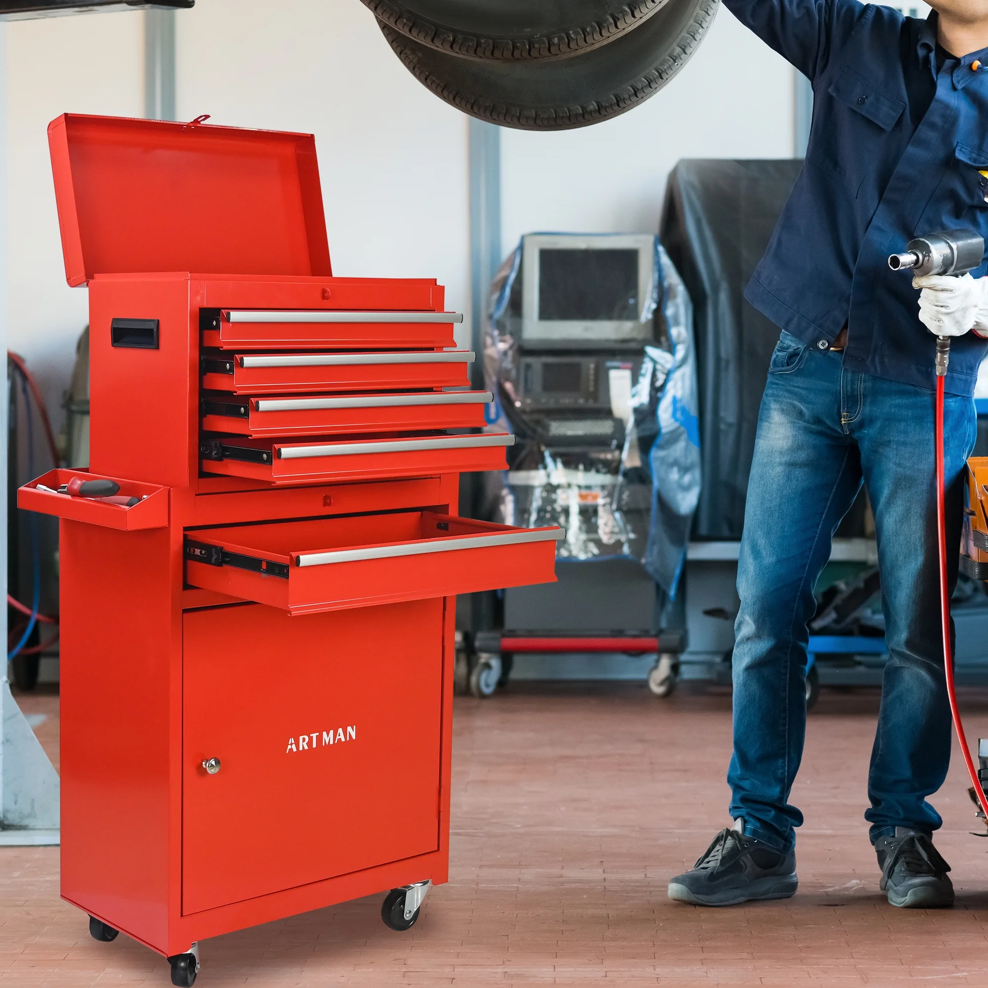 Tool Chest, 5-Drawer Rolling Tool Storage Cabinet with Detachable Top Tool Box, Universal Lockable Wheels