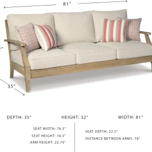 Signature Design by Ashley Clare View Coastal Outdoor Patio Eucalyptus Sofa with Cushions, Beige
