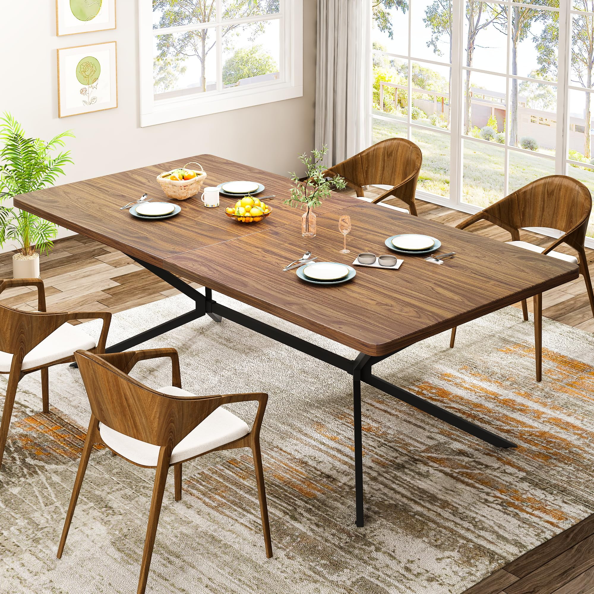 Baxluxe Mid Century Modern Dining Table 70.8 Inch, 6-8 Person Rectangular Kitchen Table with X-Shaped Metal Legs, Wooden Surface Coffee Tables for Living Room, Dining Room, Breakfast Nook, Brown
