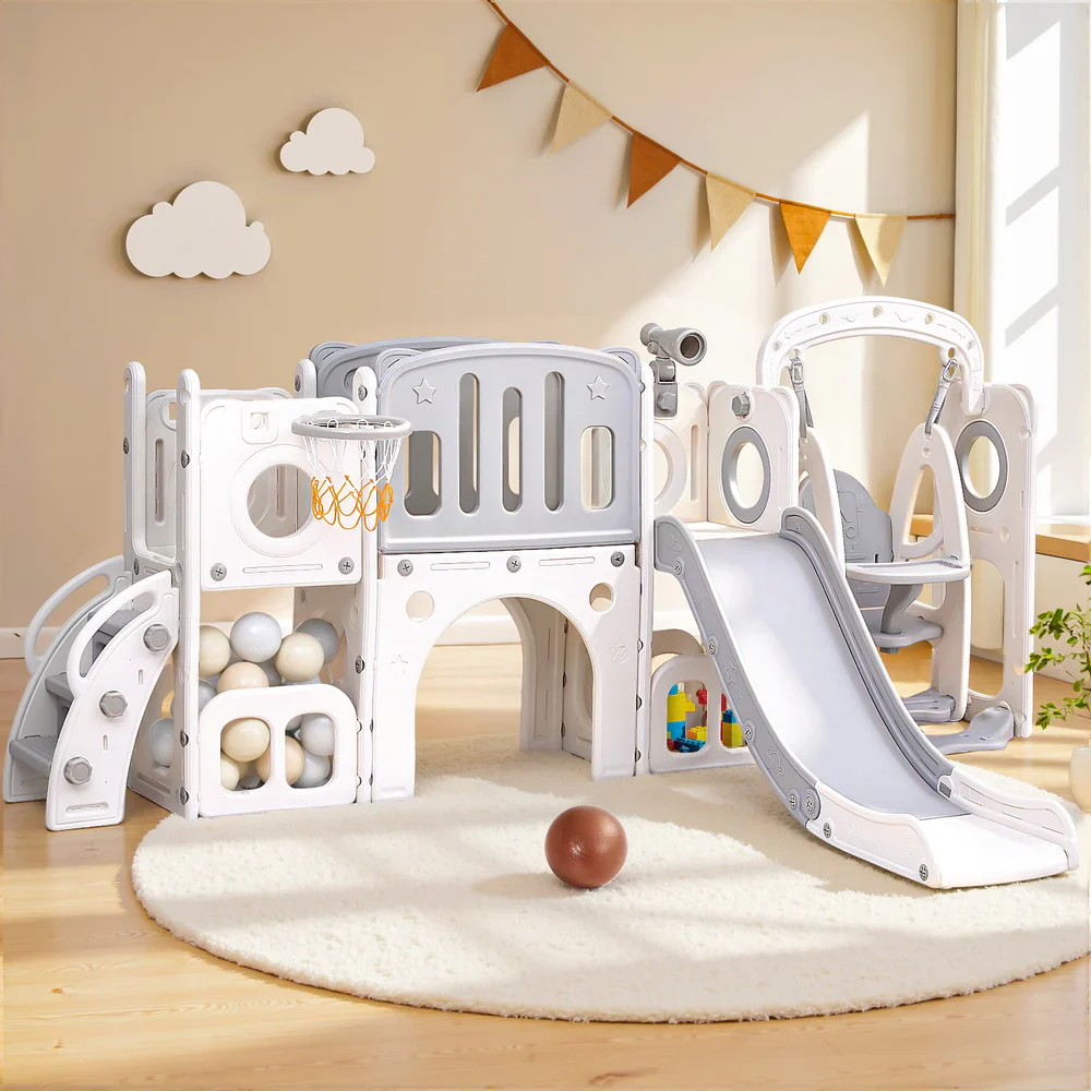 Keezi Kids Slide Swing Set Basketball Hoop Ring Football Outdoor Toys 132cm grey