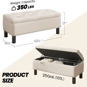 Furniliving Modern Storage Ottoman Bench, Sherpa Ottoman End of Bed Bench with Solid Wood Legs Upholstered Ottoman Benches with Storage Indoor Bench for Living Room with Rolled Arm, Entryway, White