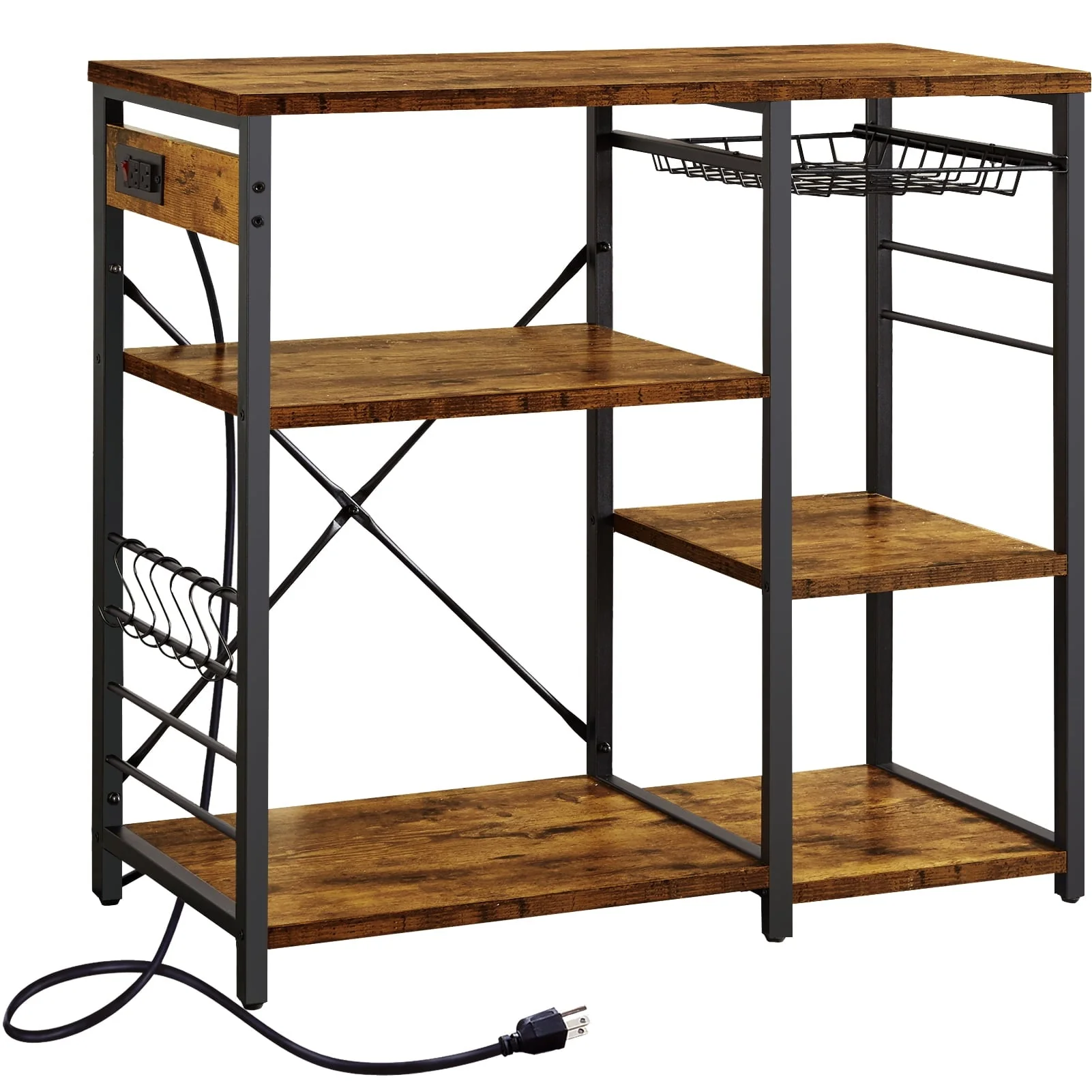 SUPERJARE Kitchen Bakers Rack with Power Outlet, Coffee Bar Table Station, Microwave Stand with 6 S-Shaped Hooks, Wire Basket, Kitchen Storage Shelf Rack, Rustic Brown