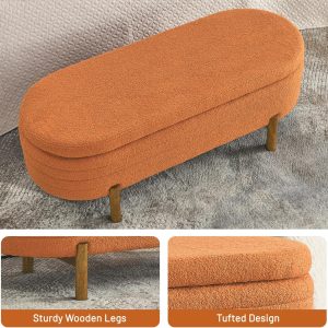 Furniliving Modern Storage Ottoman Bench, Sherpa Ottoman End of Bed Bench with Solid Wood Legs Upholstered Ottoman Benches with Storage Indoor Bench for Living Room with Rolled Arm, Entryway, White