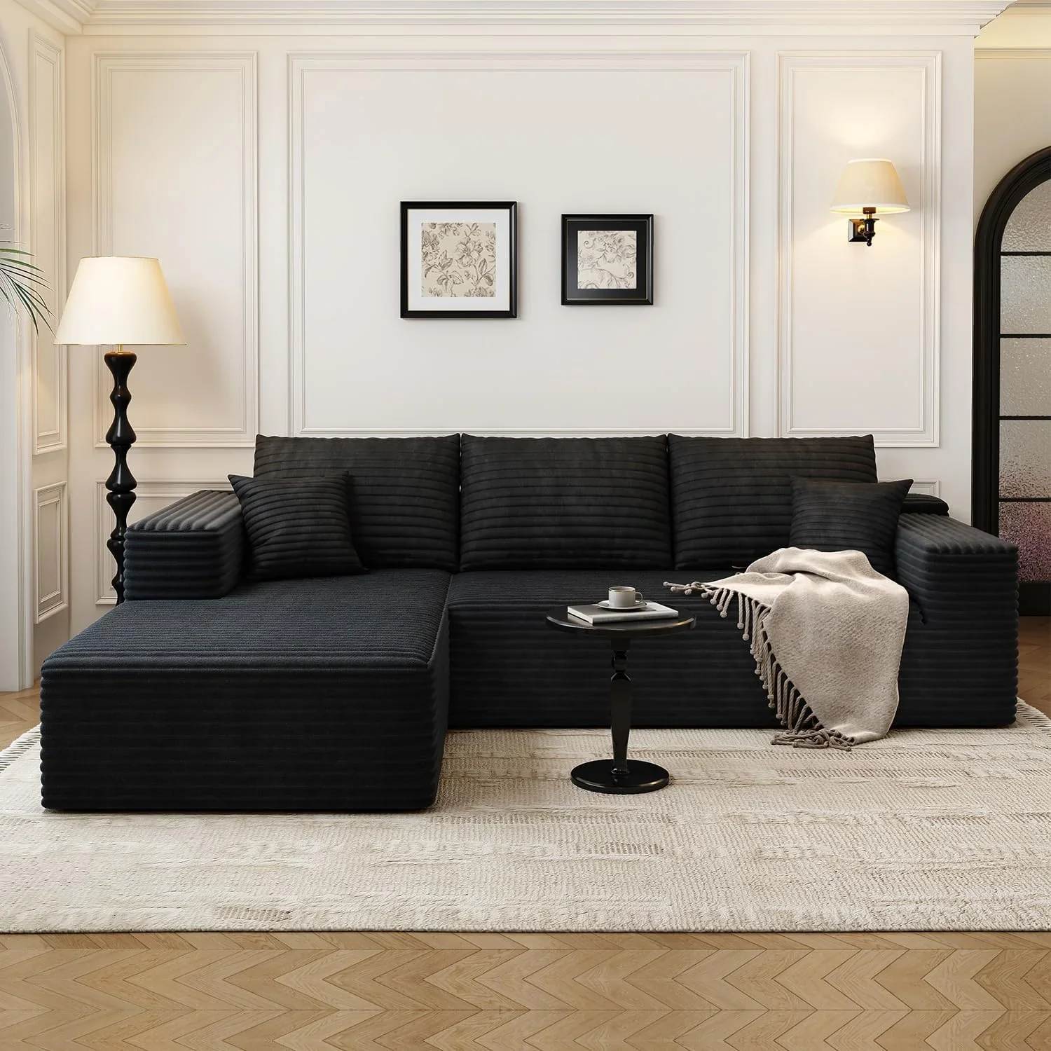 107.5" Cloud Modular Sectional Sofa Couch with L-Shape Chaise,Modern Minimalist Upholstered Couches for Living Room Bedroom,Deep Seat Corner Couch .No Assembly Required (Black,Left Facing Chaise)