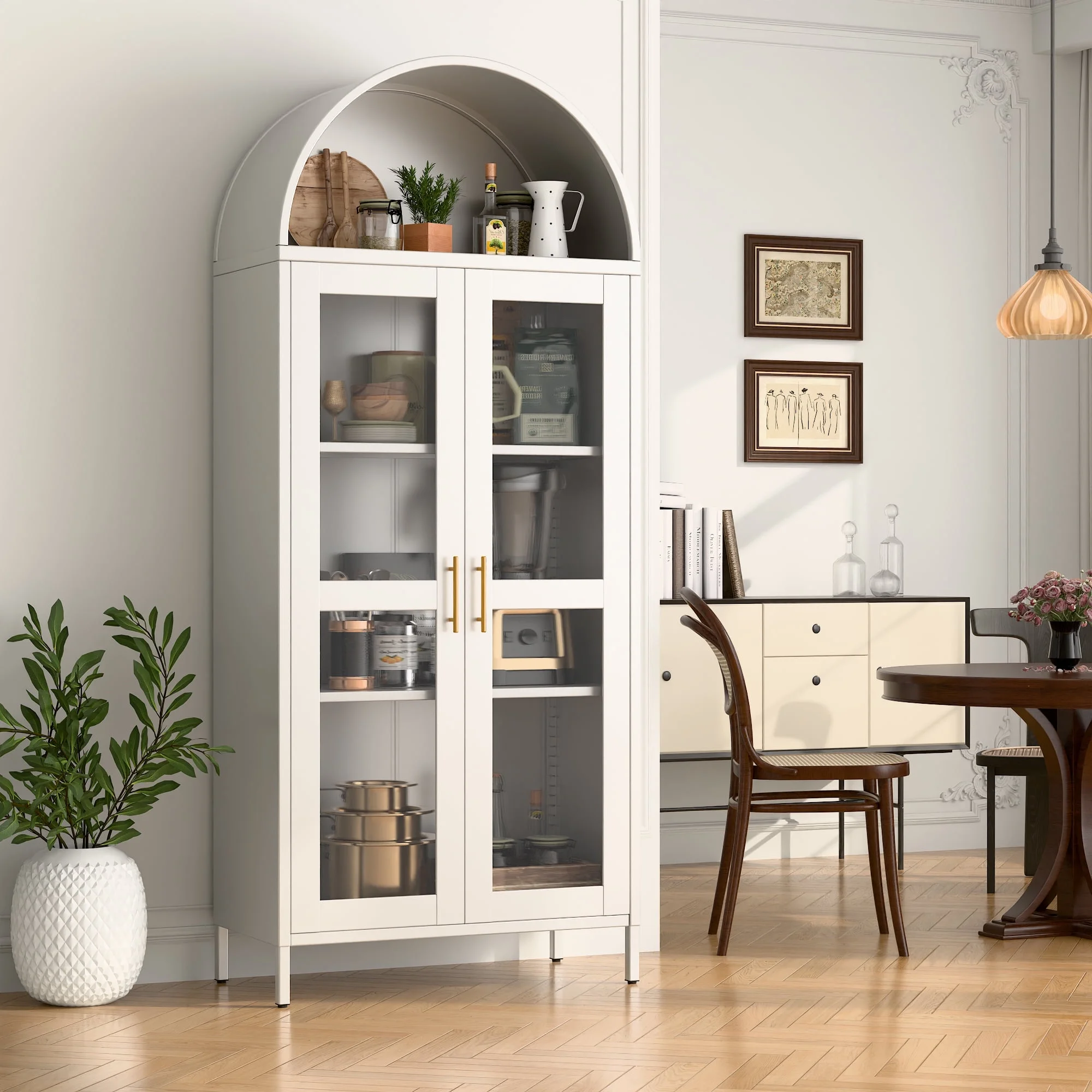 SUXXAN Metal Arched Storage Display Lockable Cabinets with Glass Doors and Adjustable Shelves, Assembly Required, Black