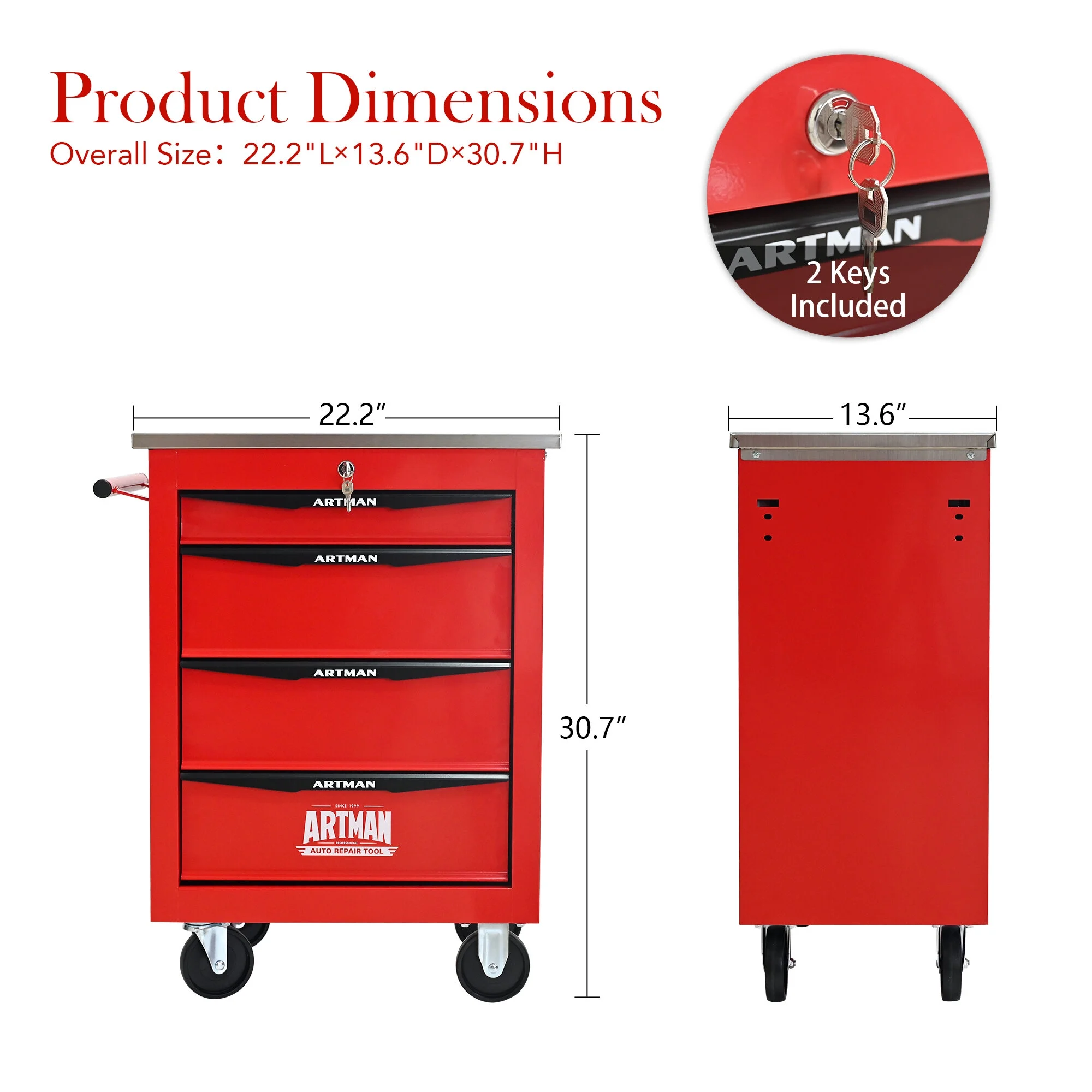 Tool Cabinets 4 Drawers Multifunctional Tool Cart with Wheels,Metal Rolling Tool Cart Storage for Garage Workshop Warehouse Repair Shop--With Stainless Steel Roof- Red&Black,Garage Tool Cabinets
